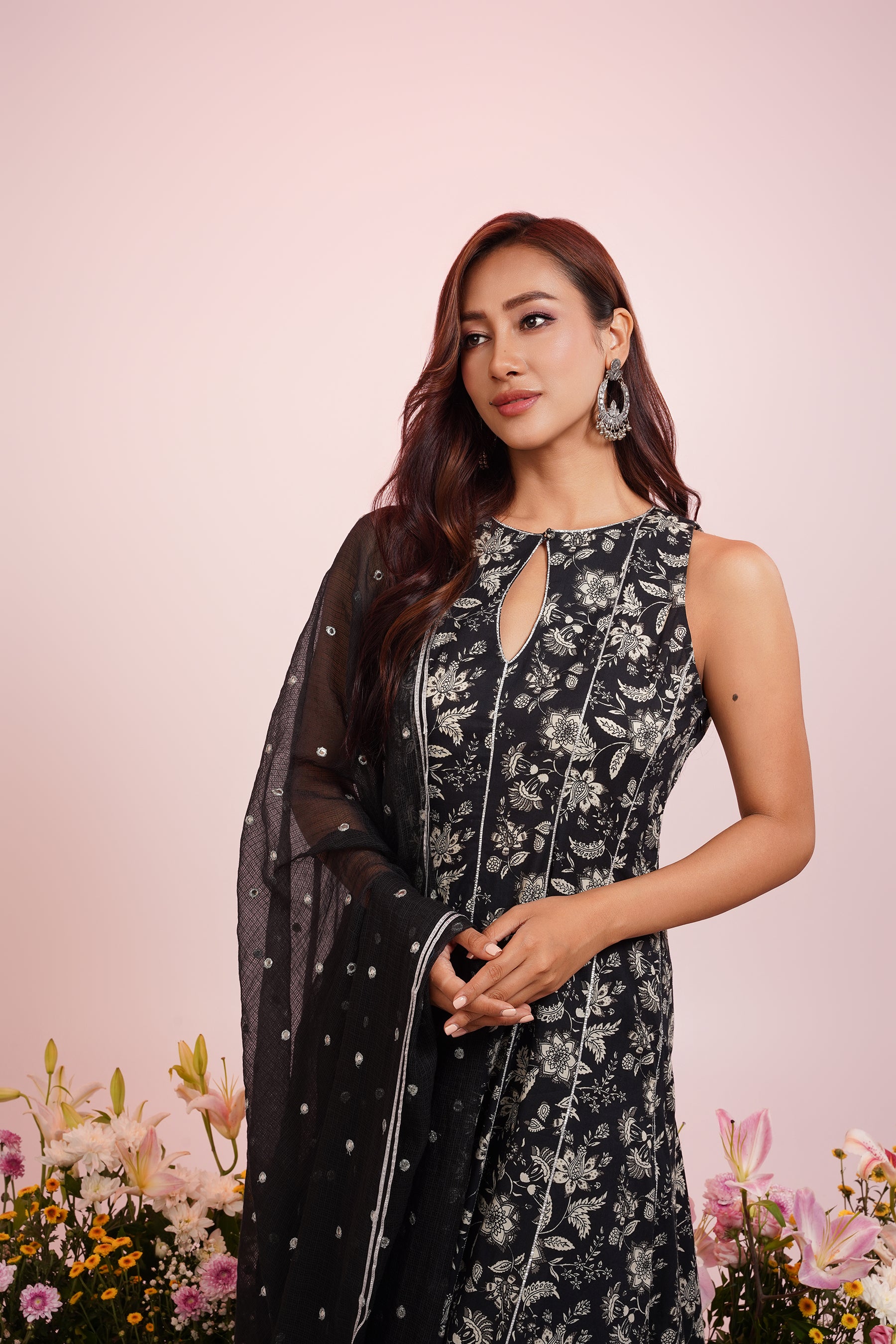 Black Floral-Printed Anarkali