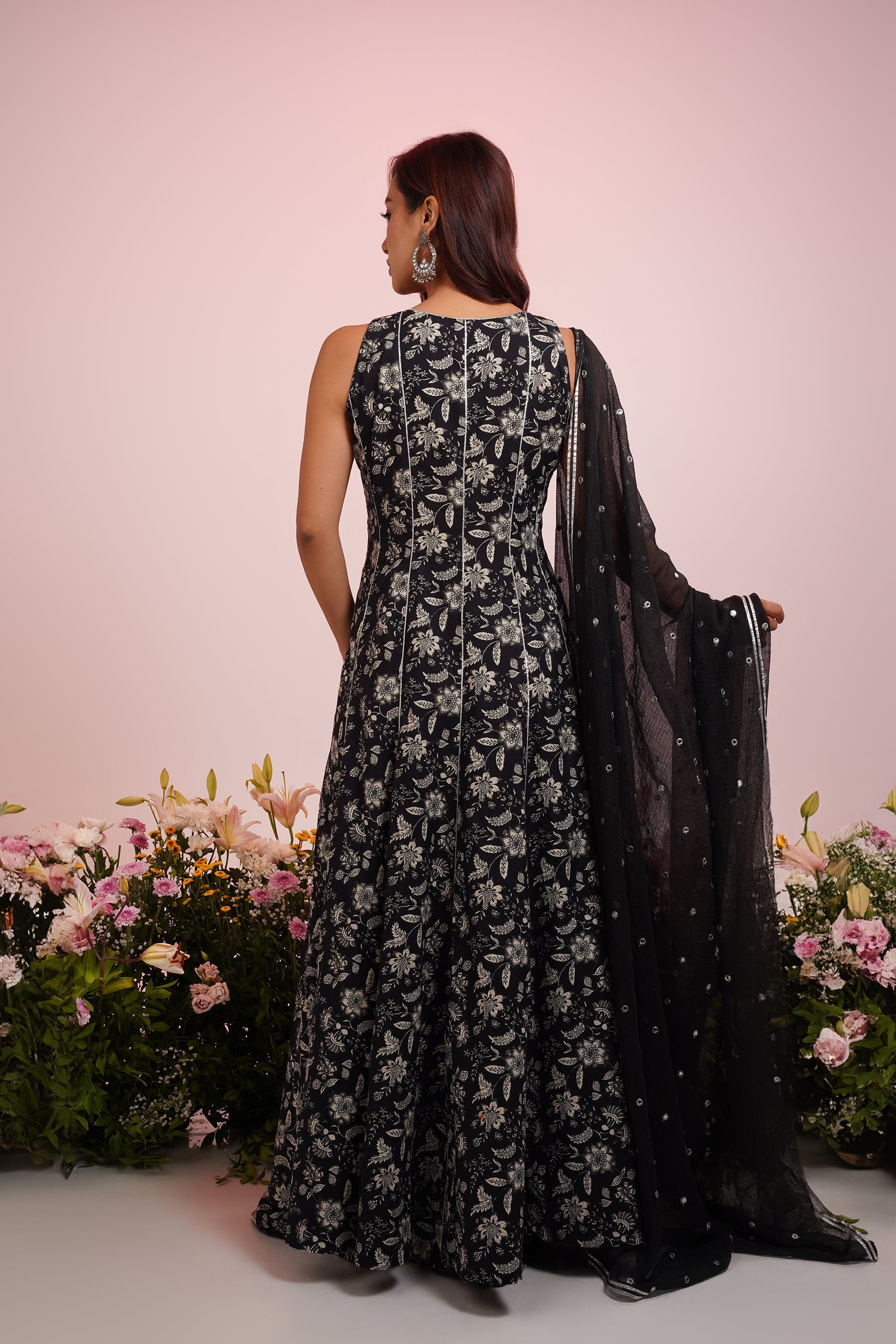 Black Floral-Printed Anarkali