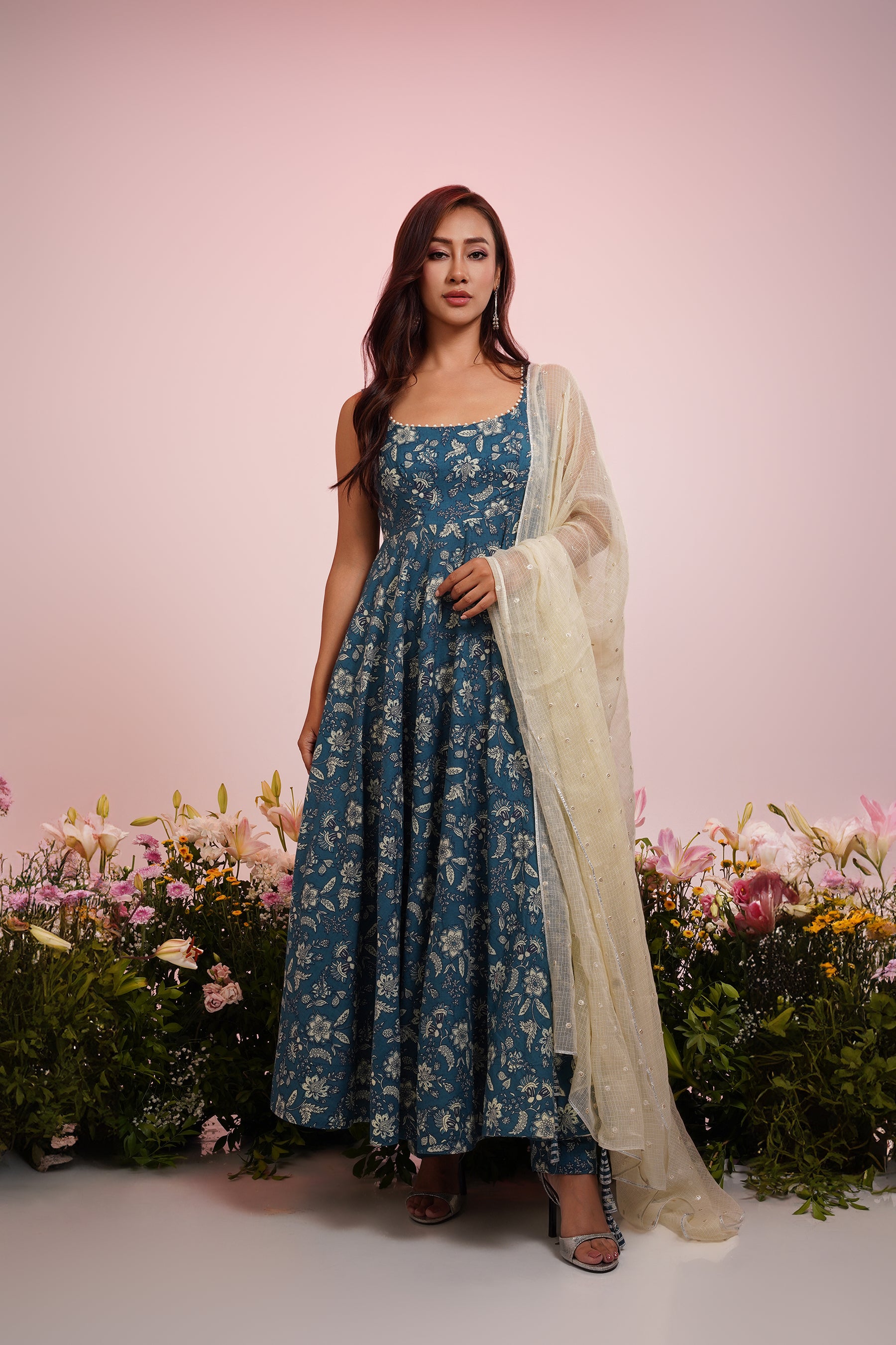 Blue Printed Anarkali Set