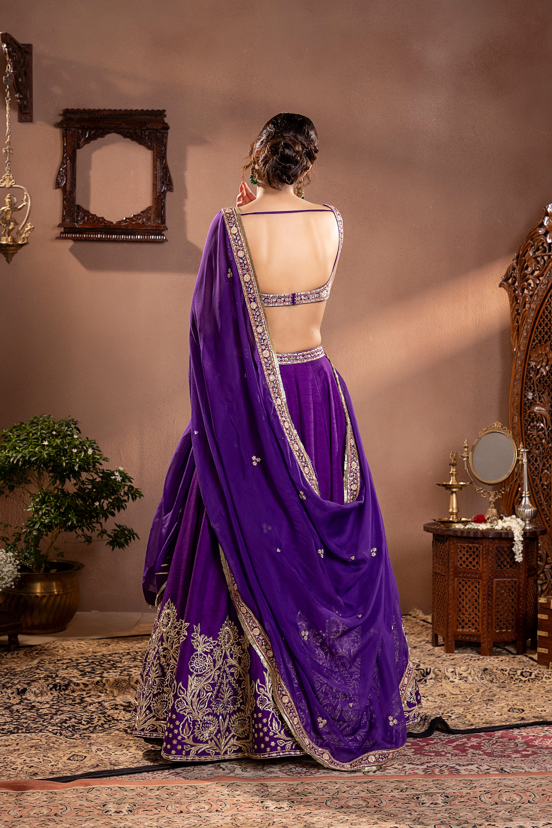 Purple Munga Silk Embroidered  Lehenga Set 