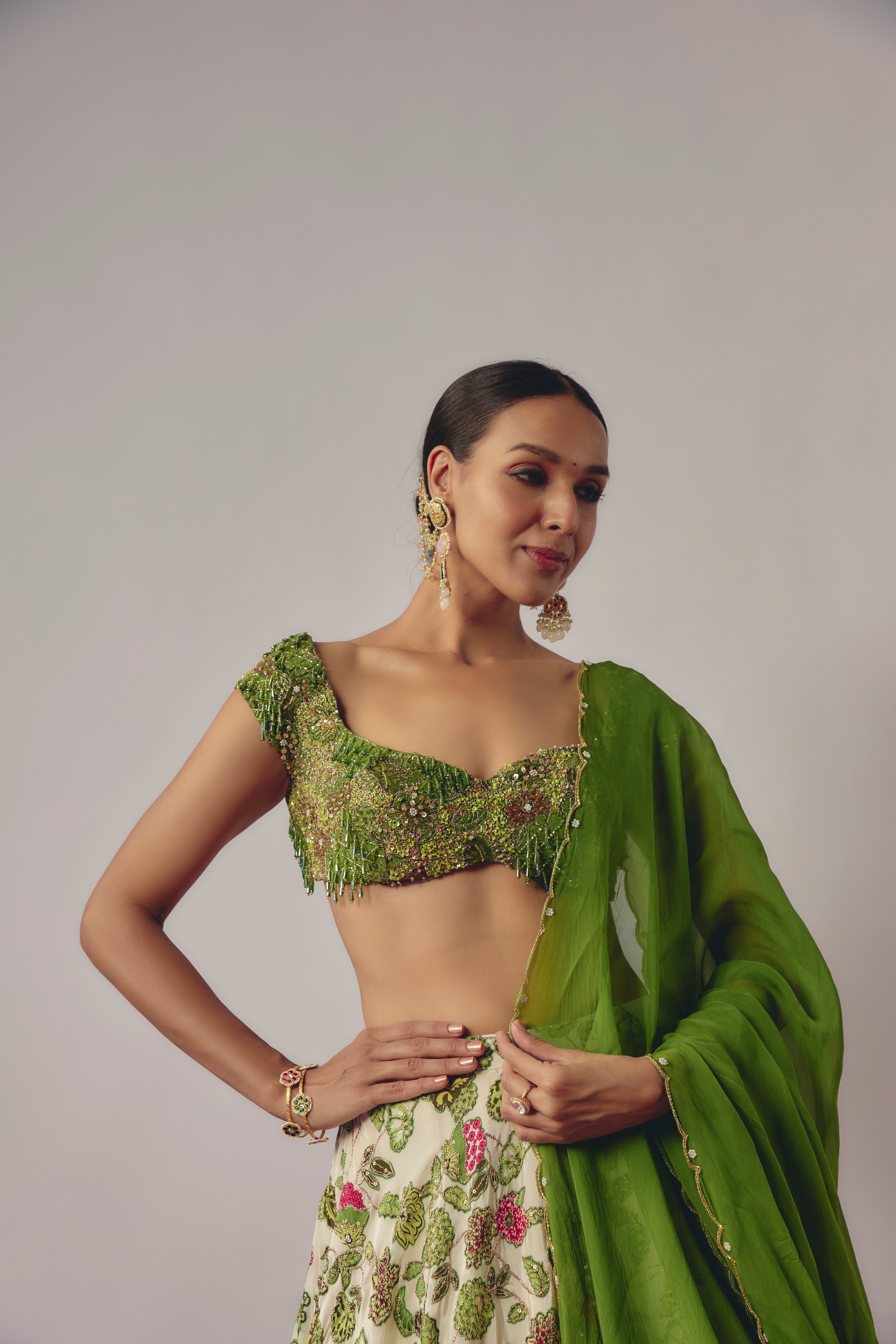 GREEN - IVORY EMBROIDERED LEHENGA SET