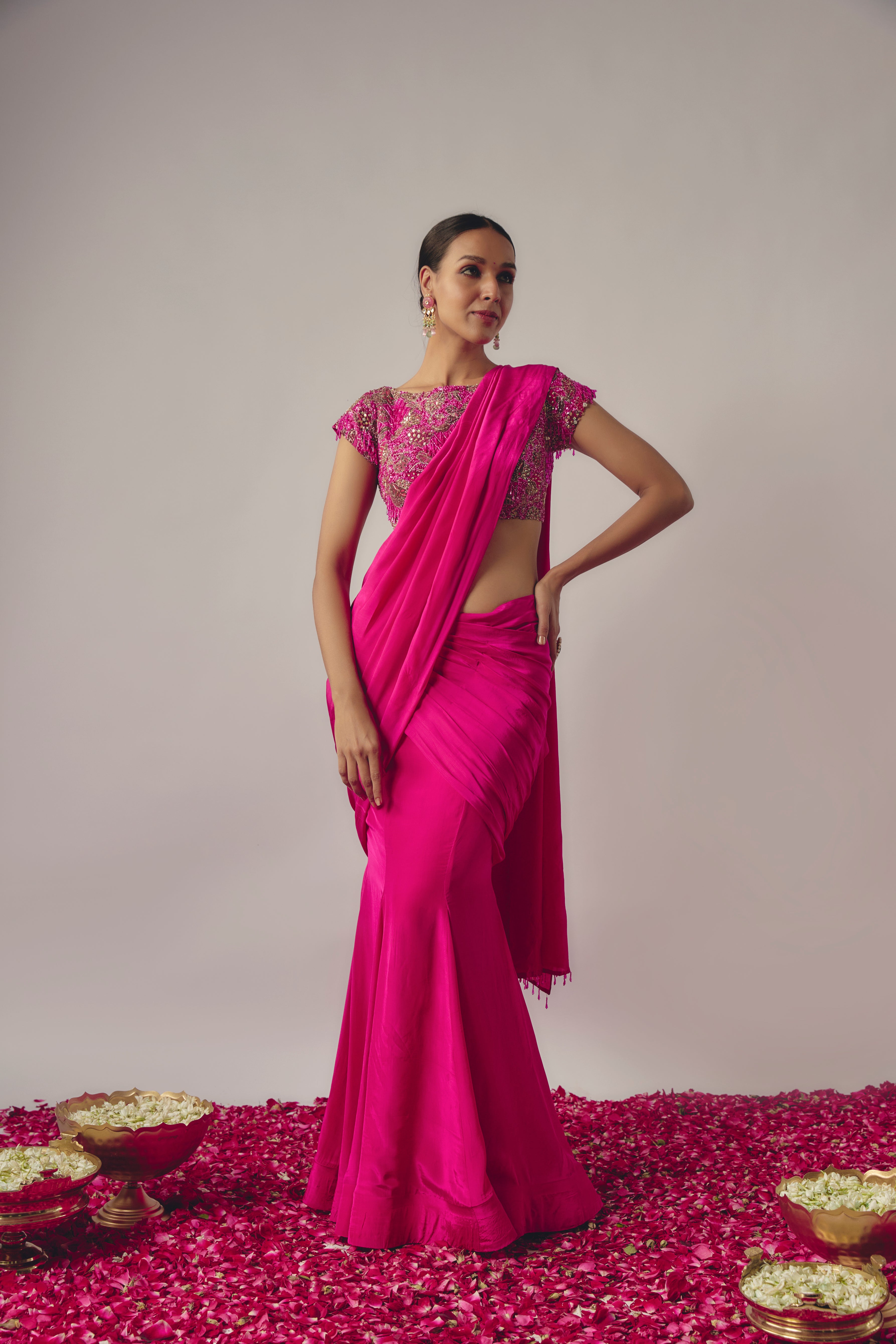 RANI FUCHSIA PINK MERMAID CUT DRAPED LEHENGA