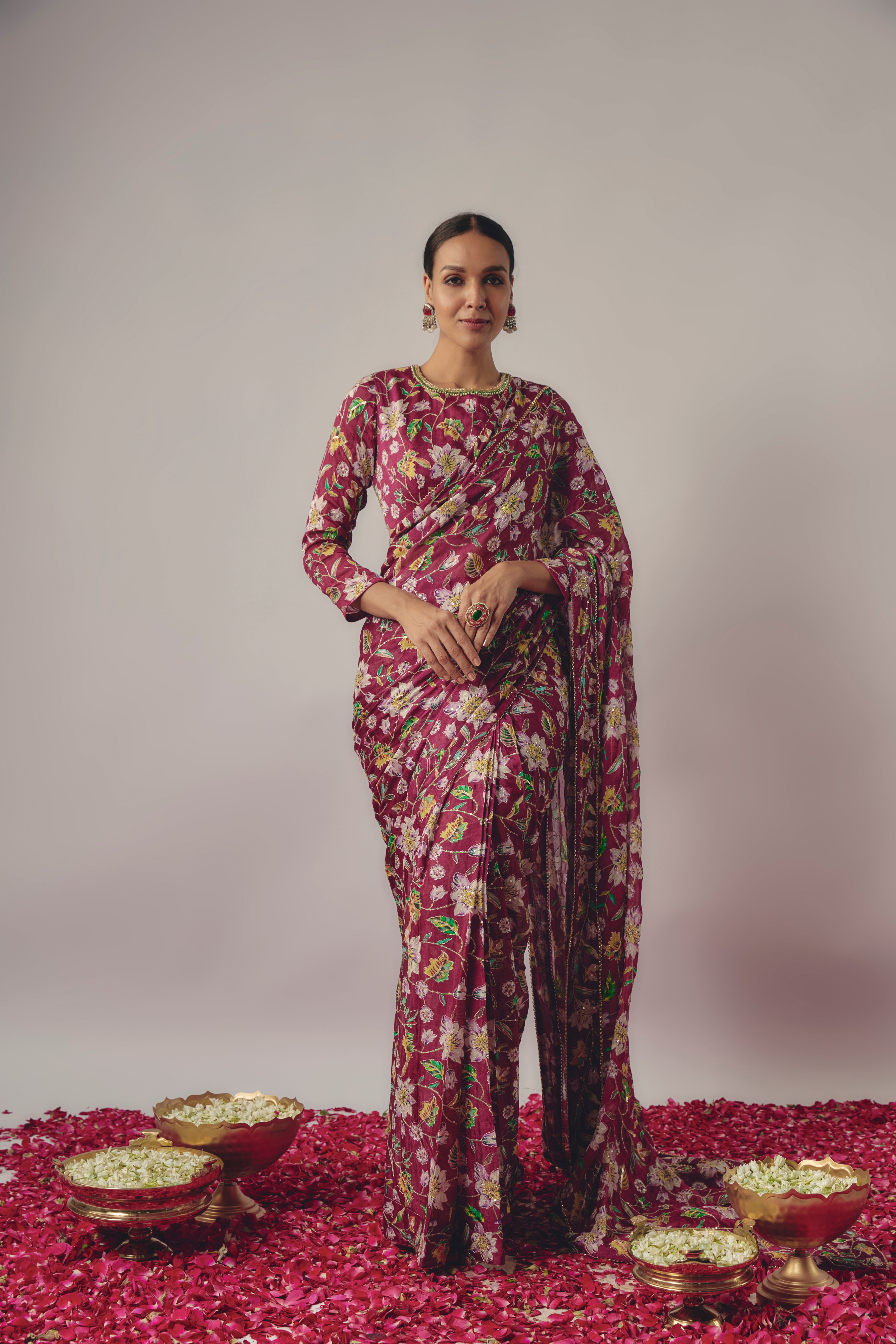 MAGENTA FLORAL EMBROIDERED PRE- DRAPED SAREE