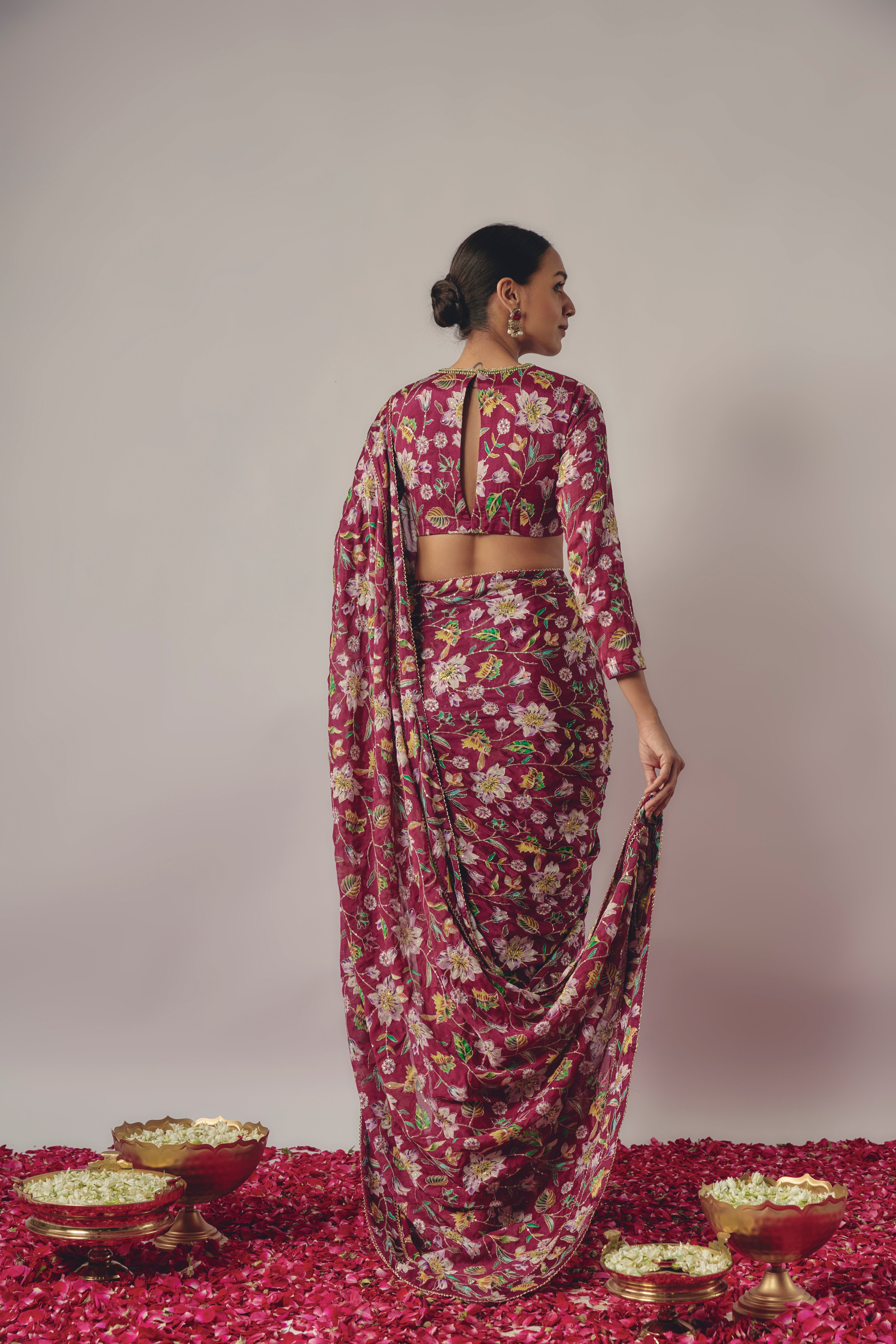 MAGENTA FLORAL EMBROIDERED PRE- DRAPED SAREE