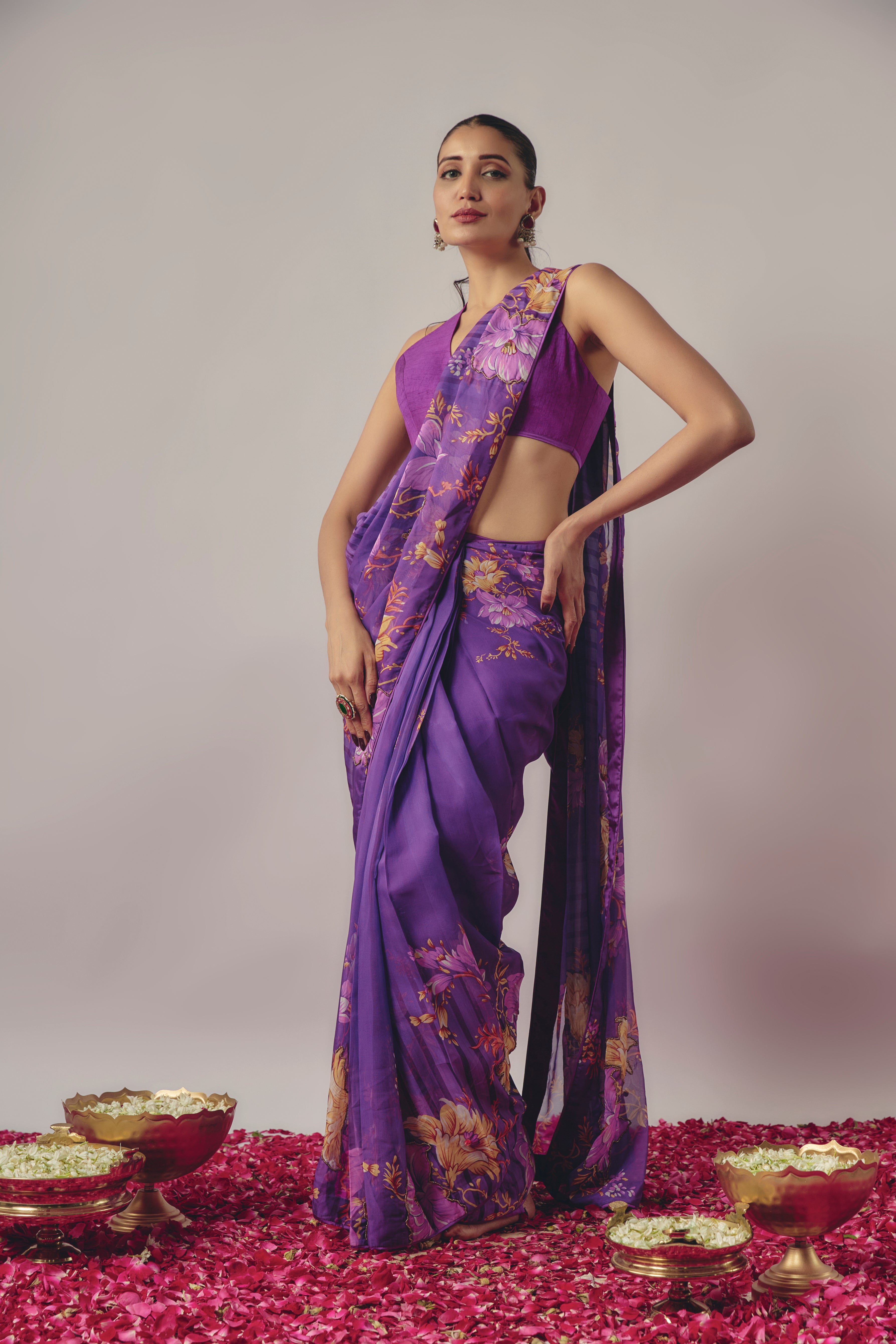 PURPLE EMBROIDERED PRE-DRAPED SAREE