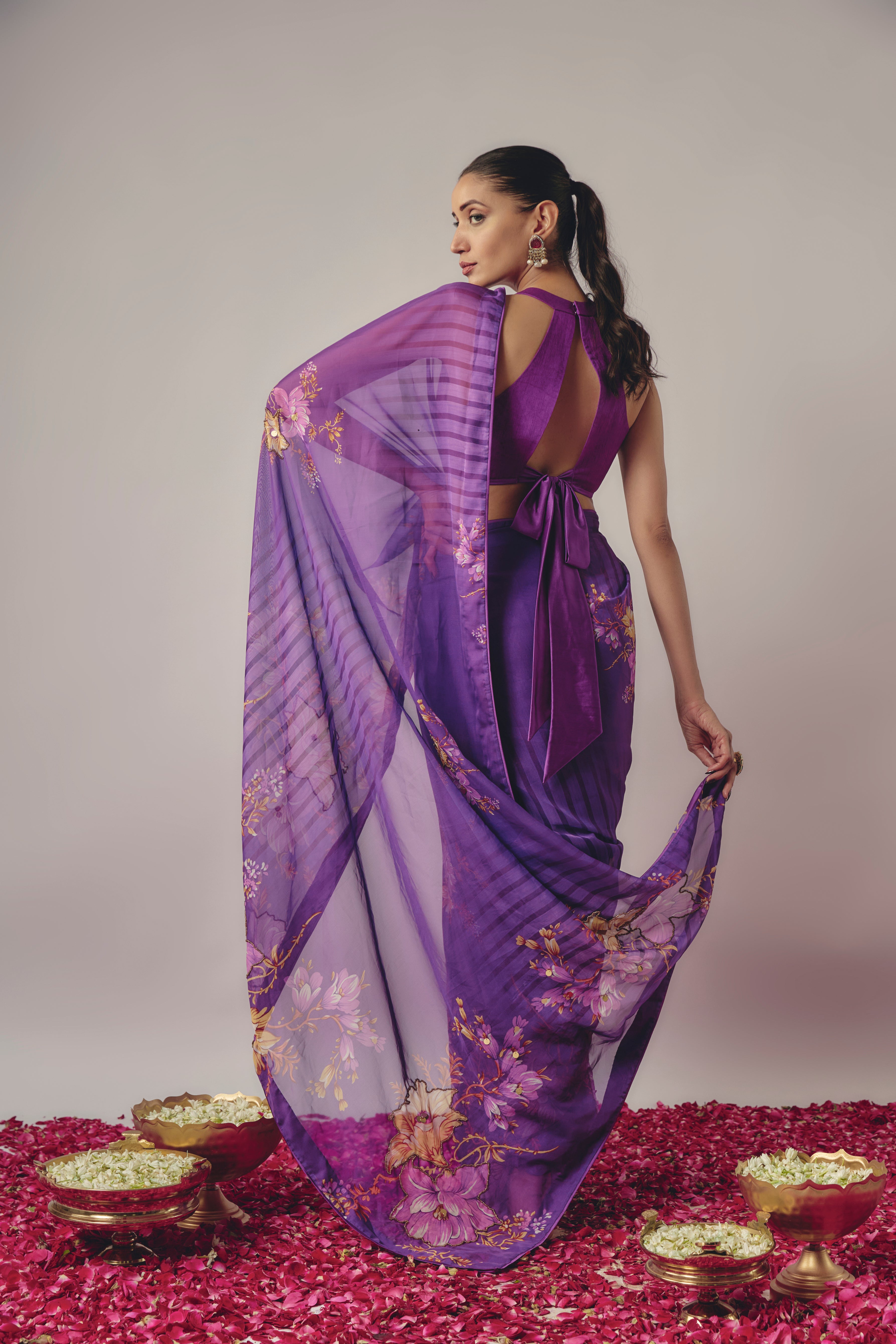 PURPLE EMBROIDERED PRE-DRAPED SAREE