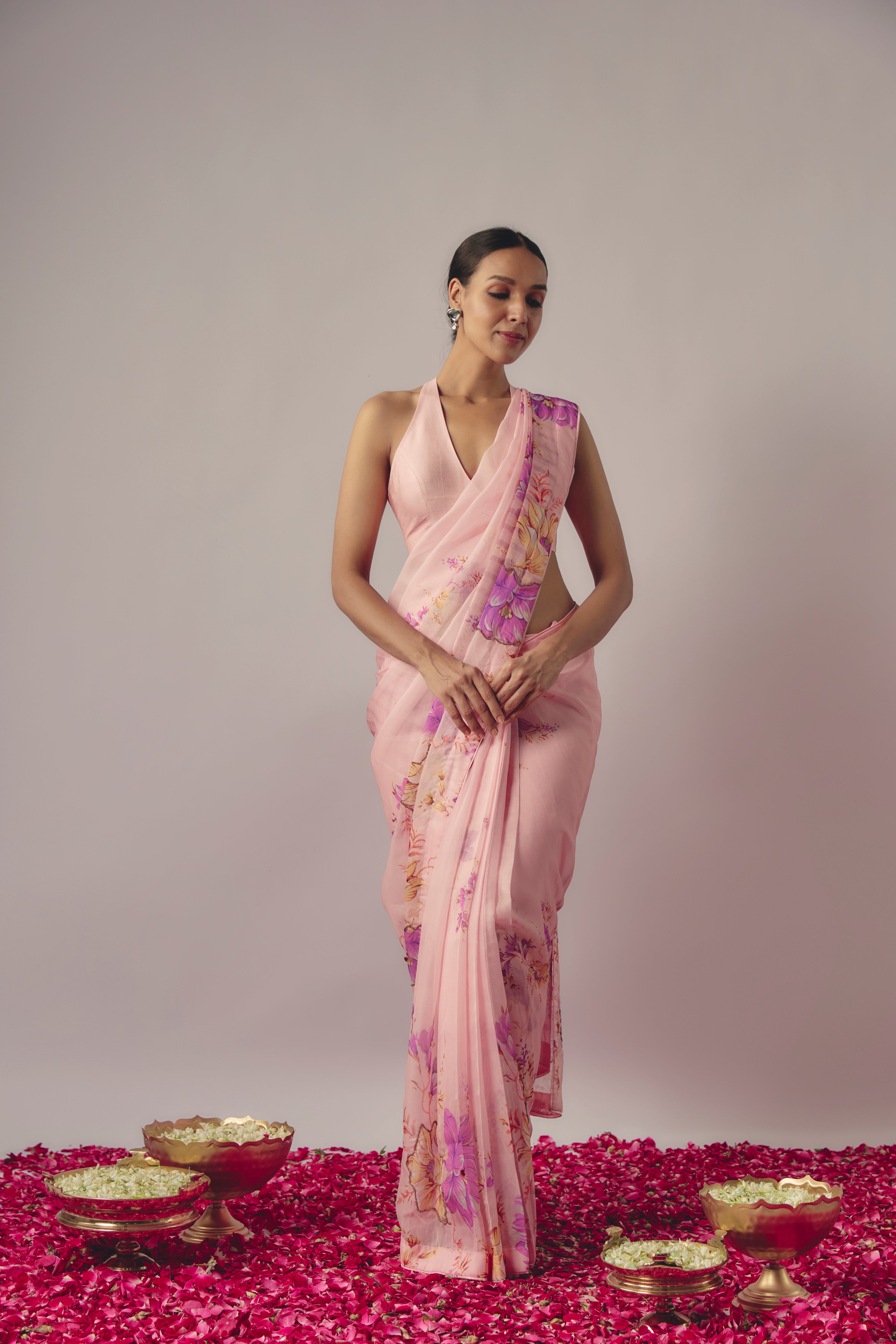 BABY PINK EMBROIDERED PRE-DRAPED SAREE