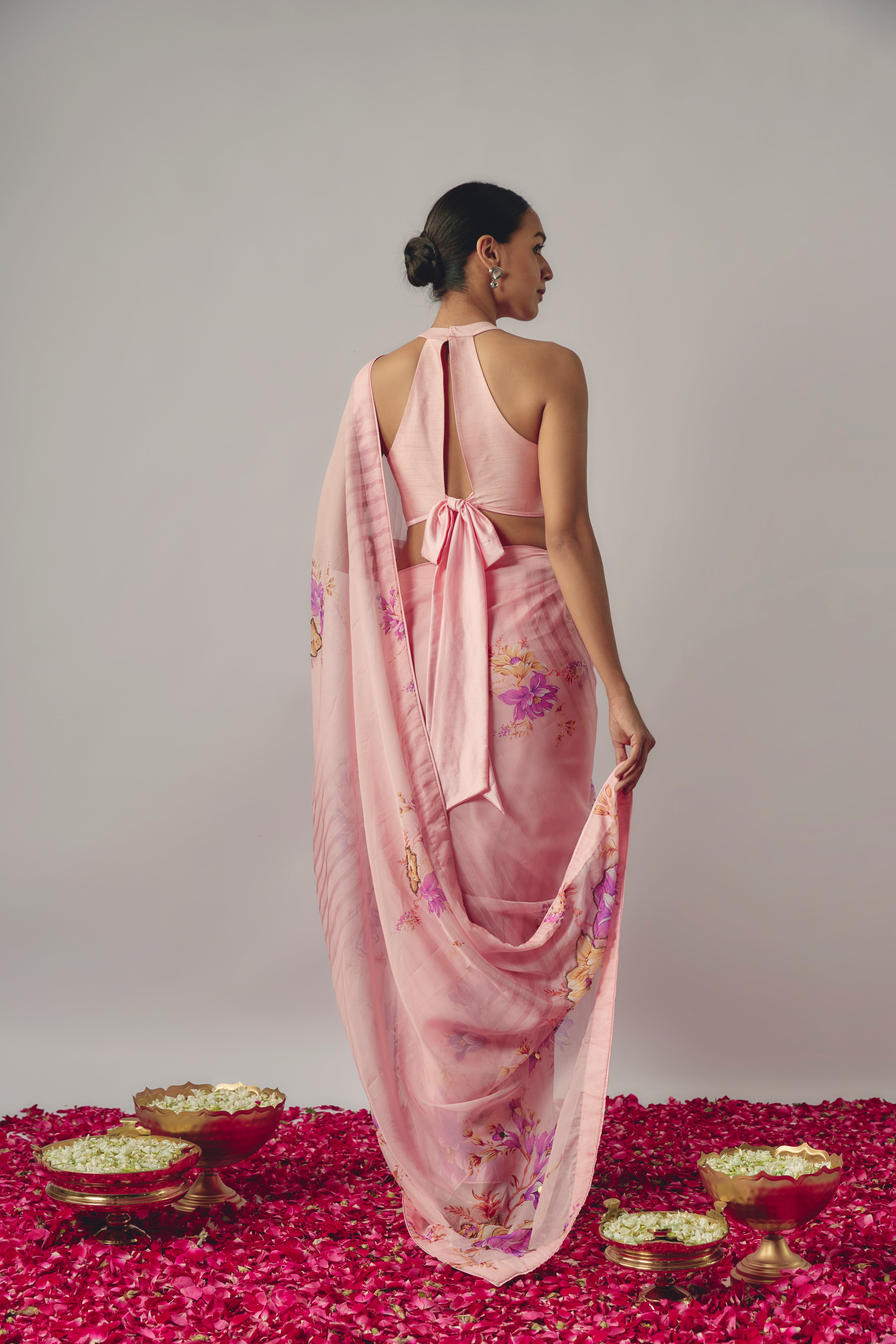 BABY PINK EMBROIDERED PRE-DRAPED SAREE