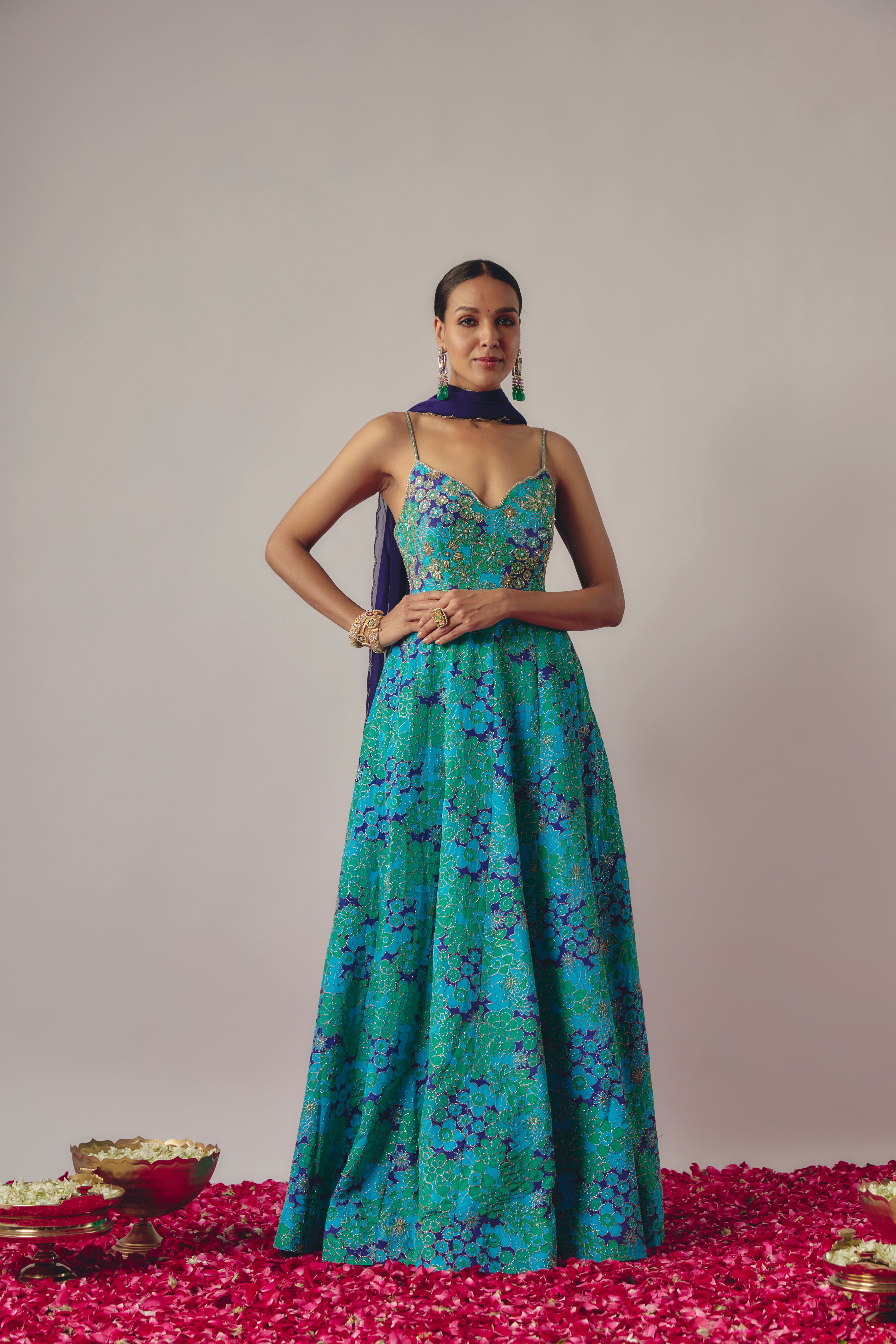 FLORAL BLUE EMBROIDERED ANARKALI SET