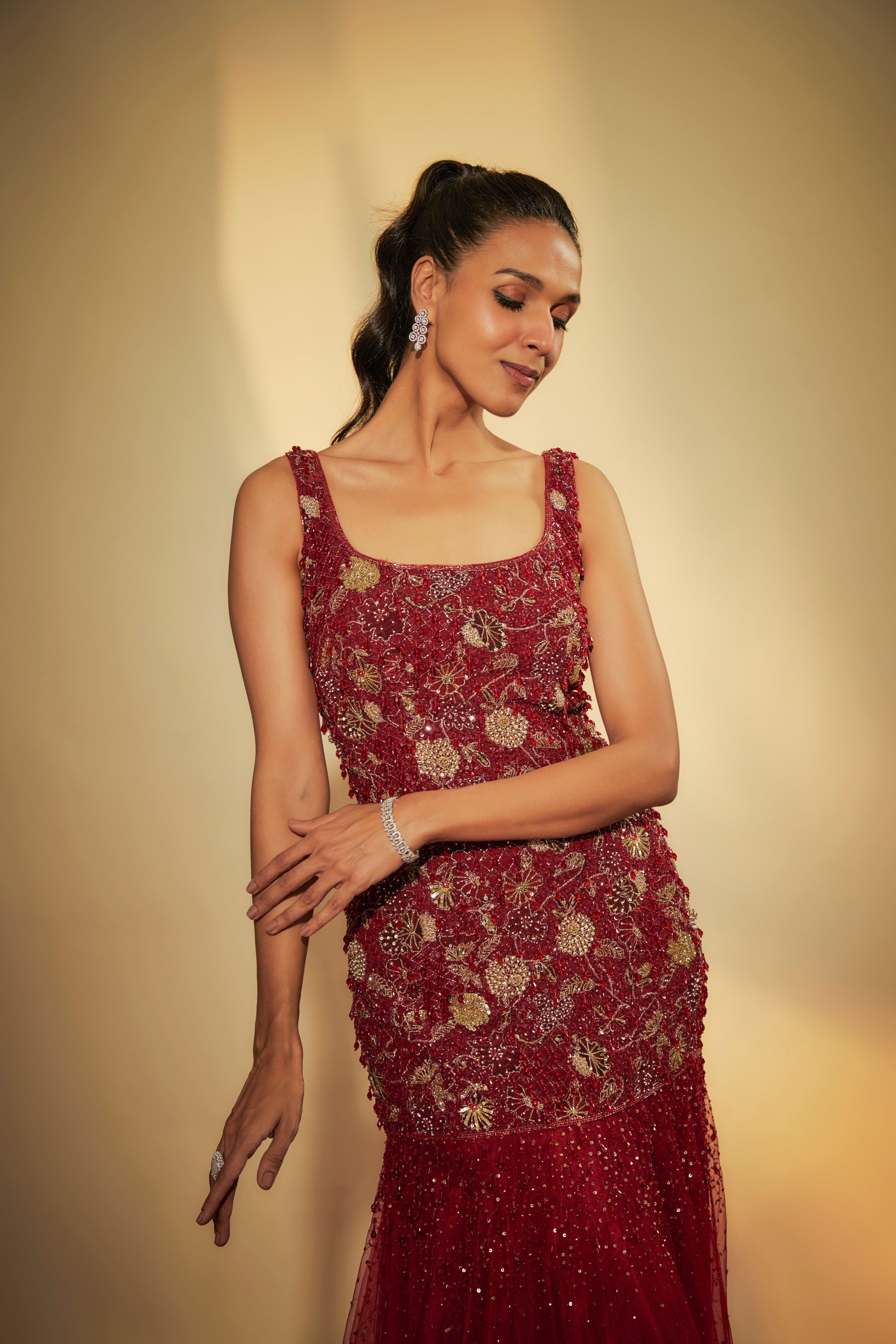 Maroon Net and Blended Crepe Embroidered Gown