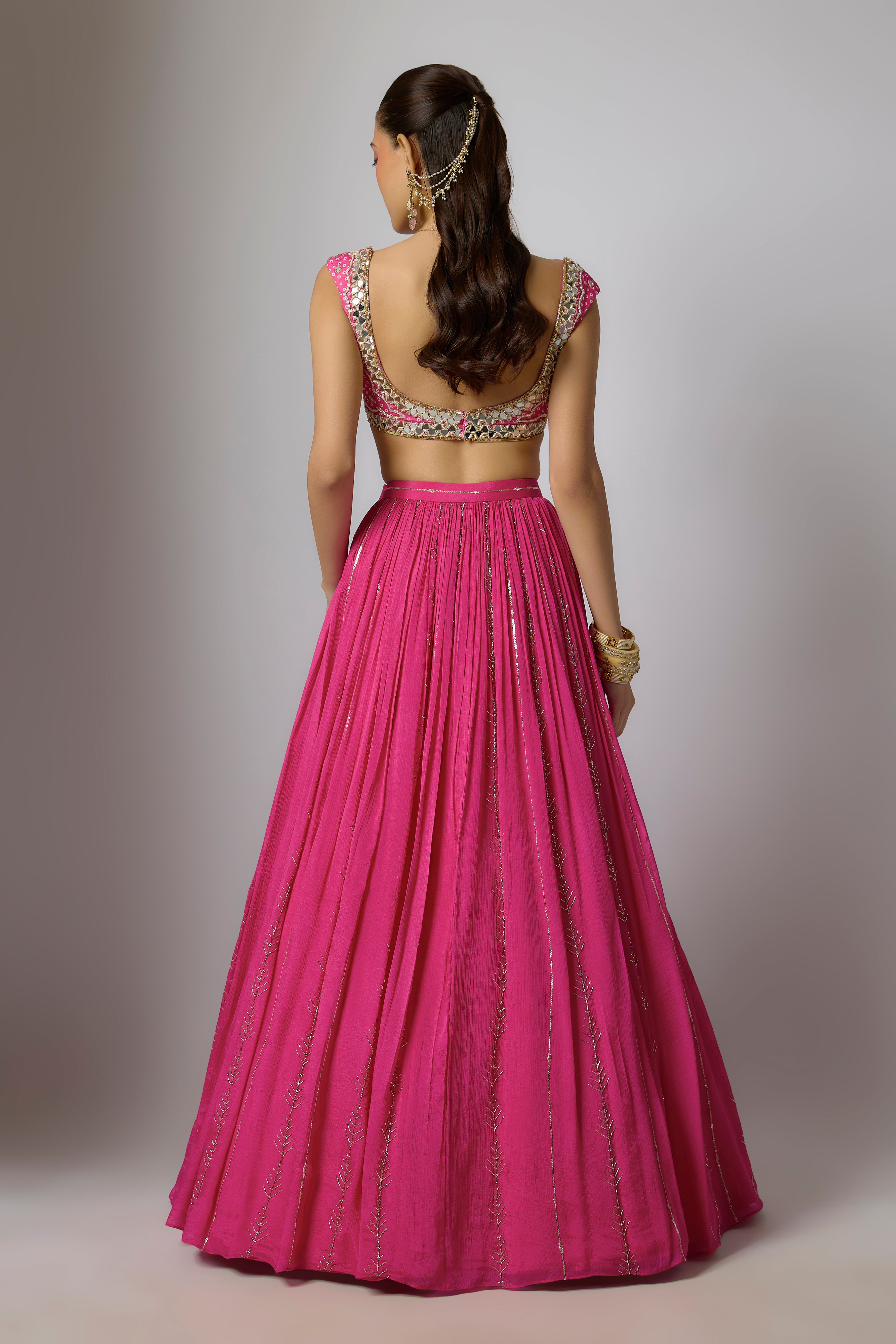 Fuchsia Pink Chinon Embroidered Lehenga Set