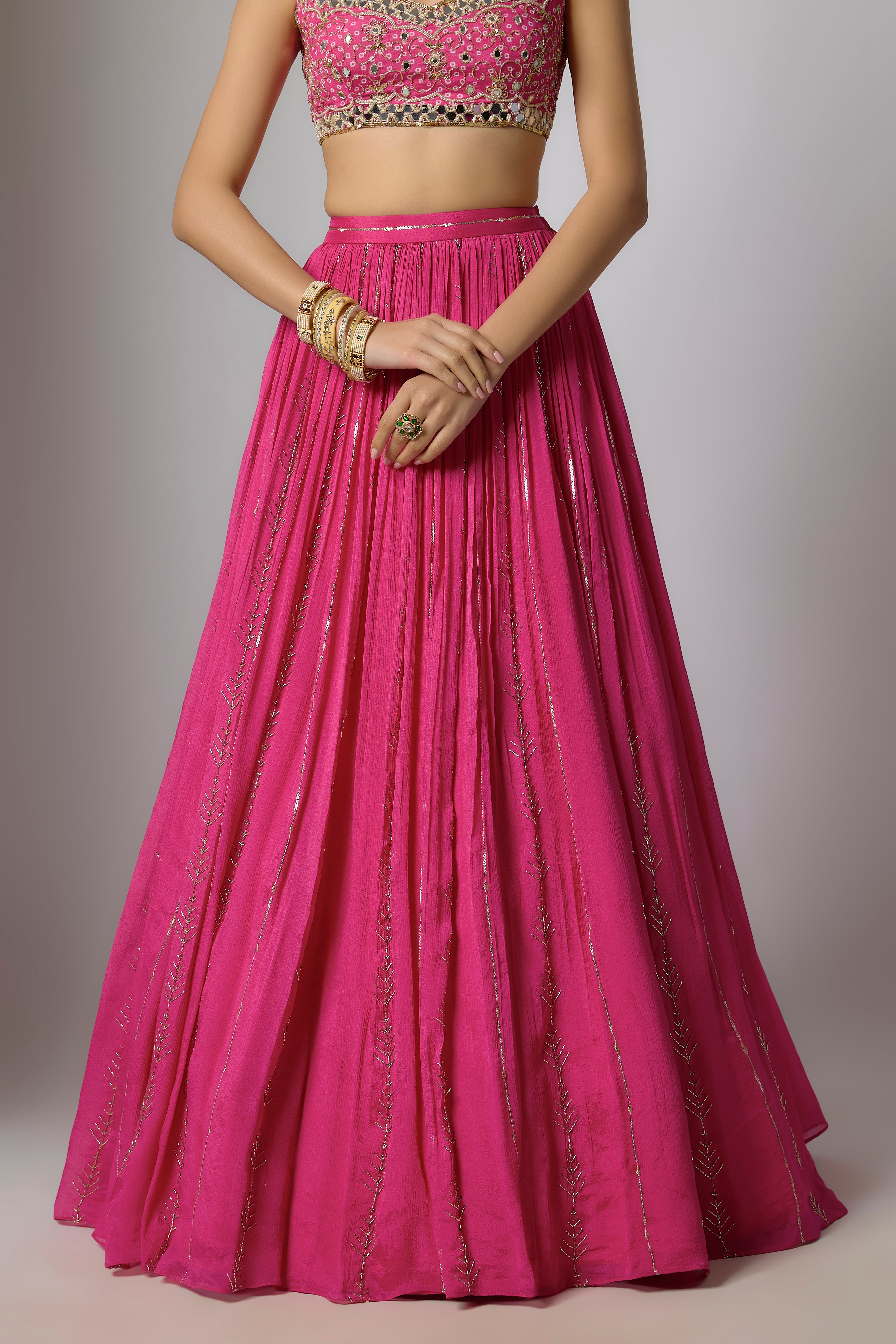 Fuchsia Pink Chinon Embroidered Lehenga Set