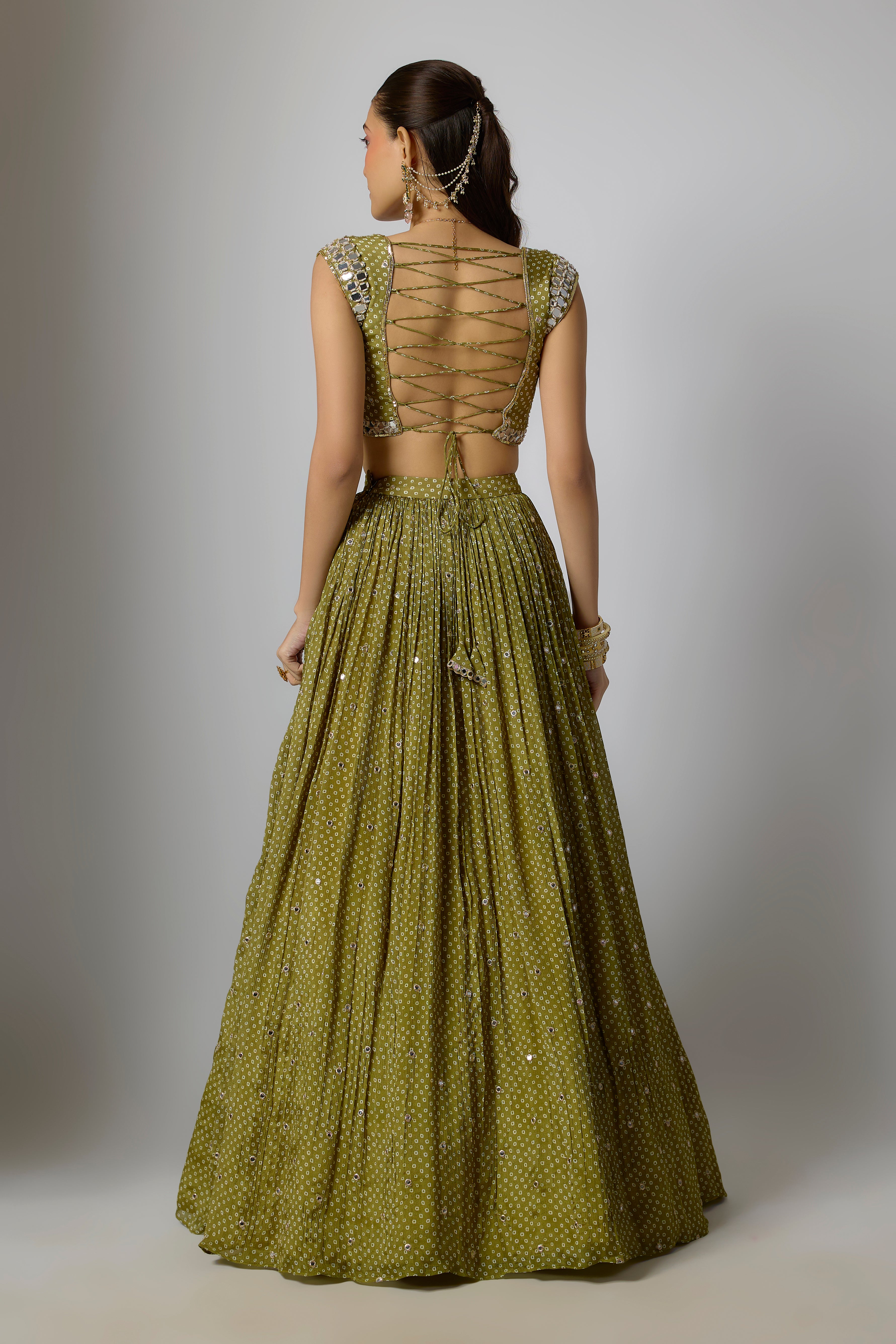 Mehendi Green Chinon Embroidered Lehenga Set
