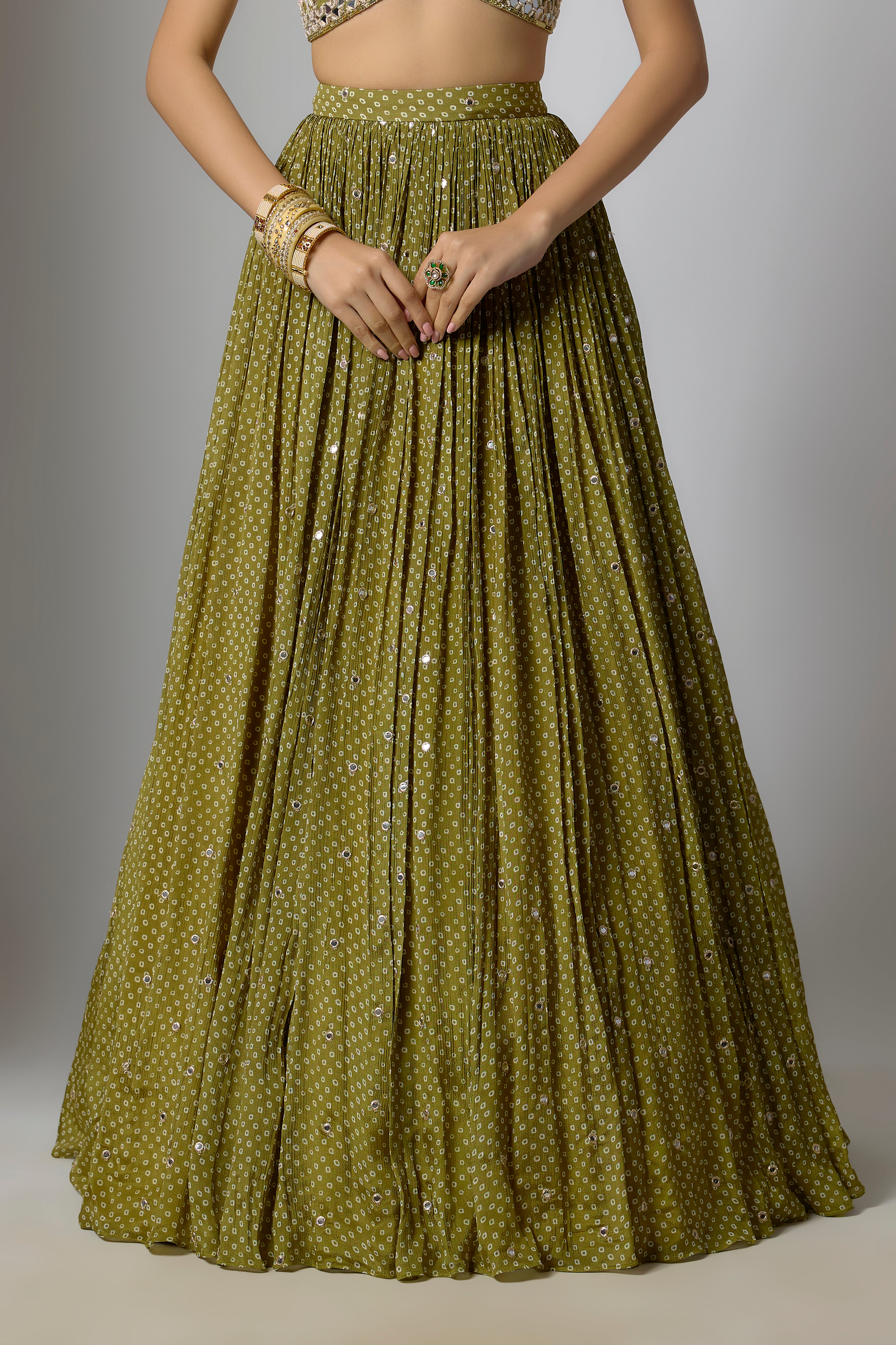 Mehendi Green Chinon Embroidered Lehenga Set