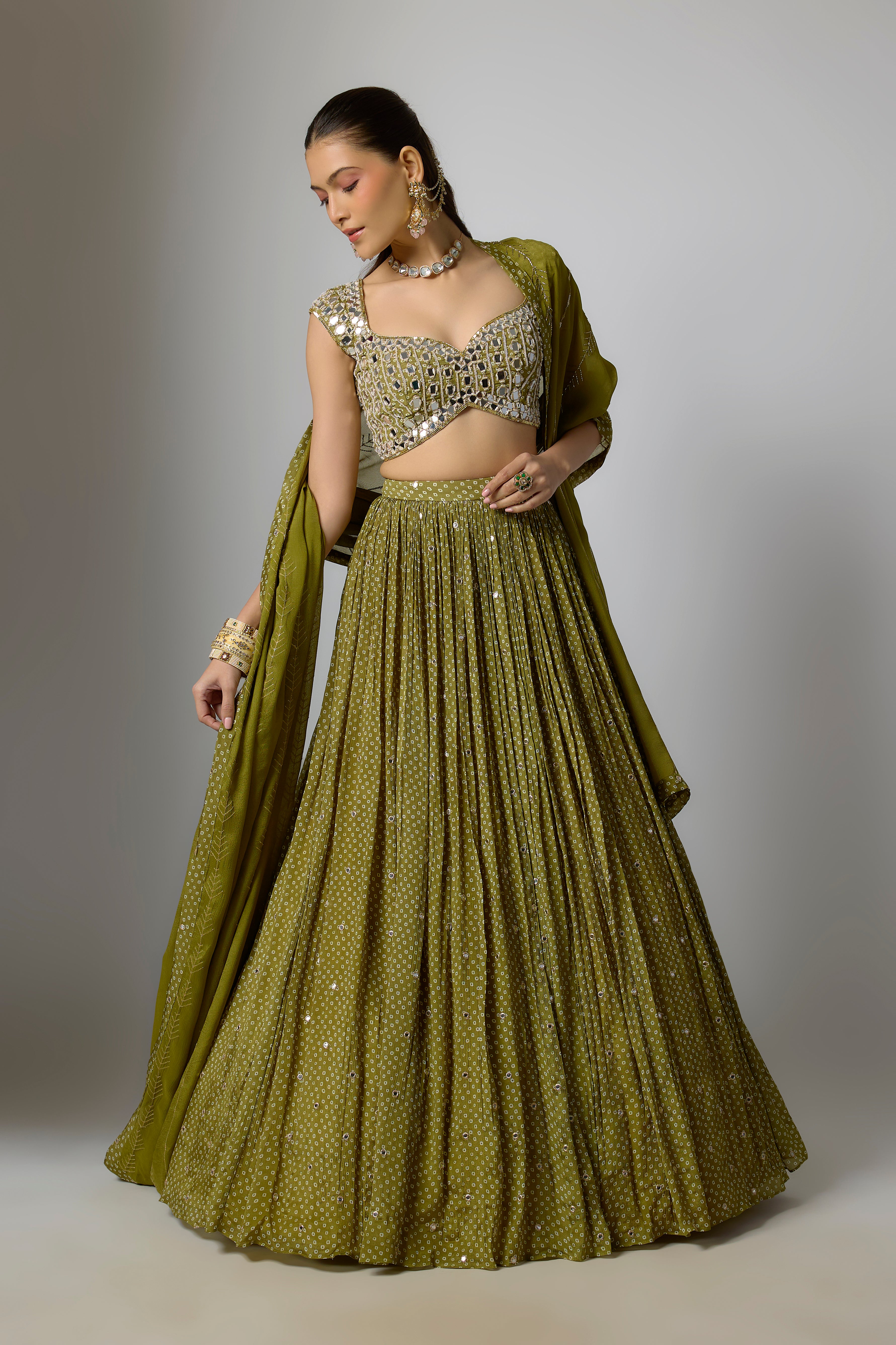 Mehendi Green Chinon Embroidered Lehenga Set