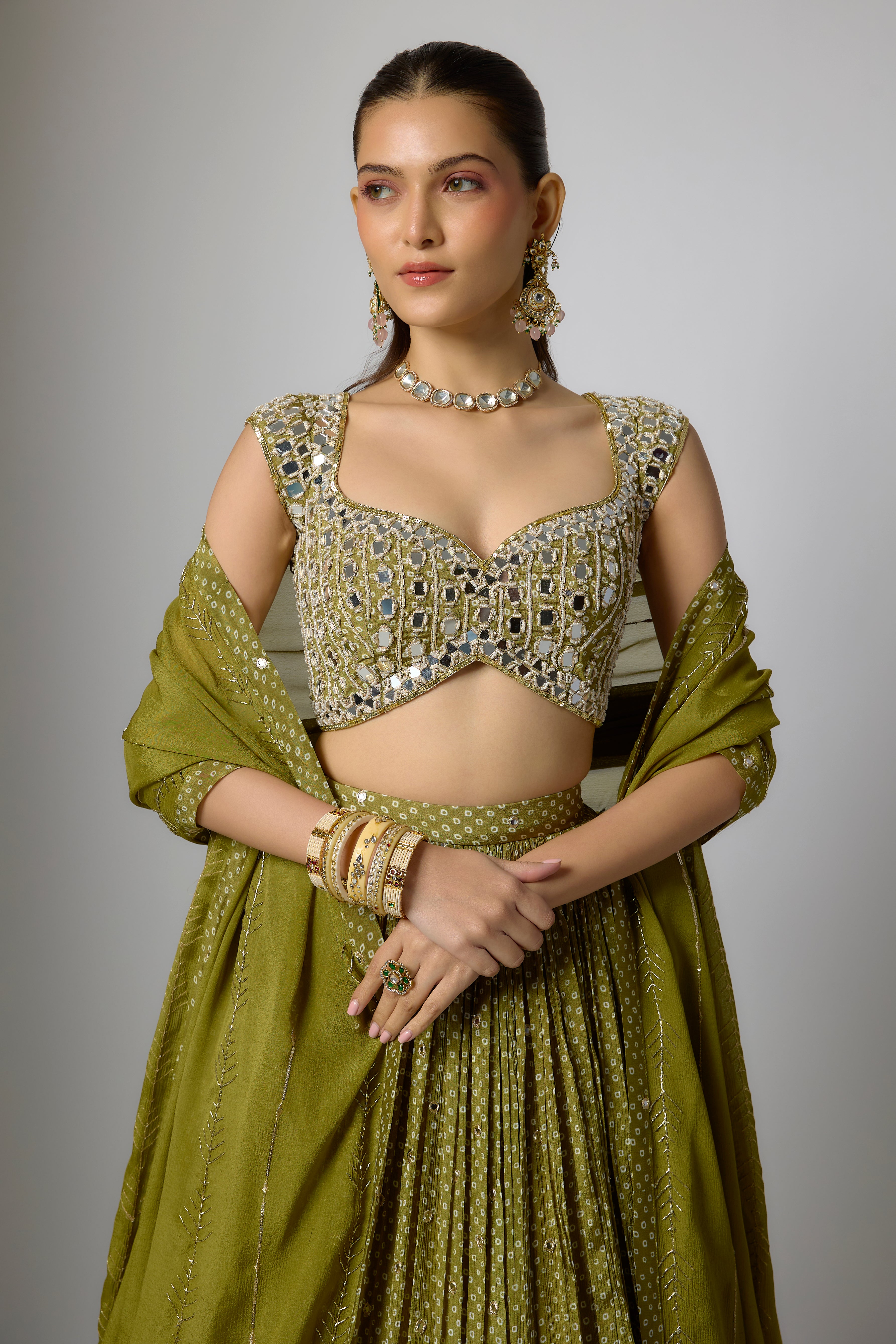 Mehendi Green Chinon Embroidered Lehenga Set