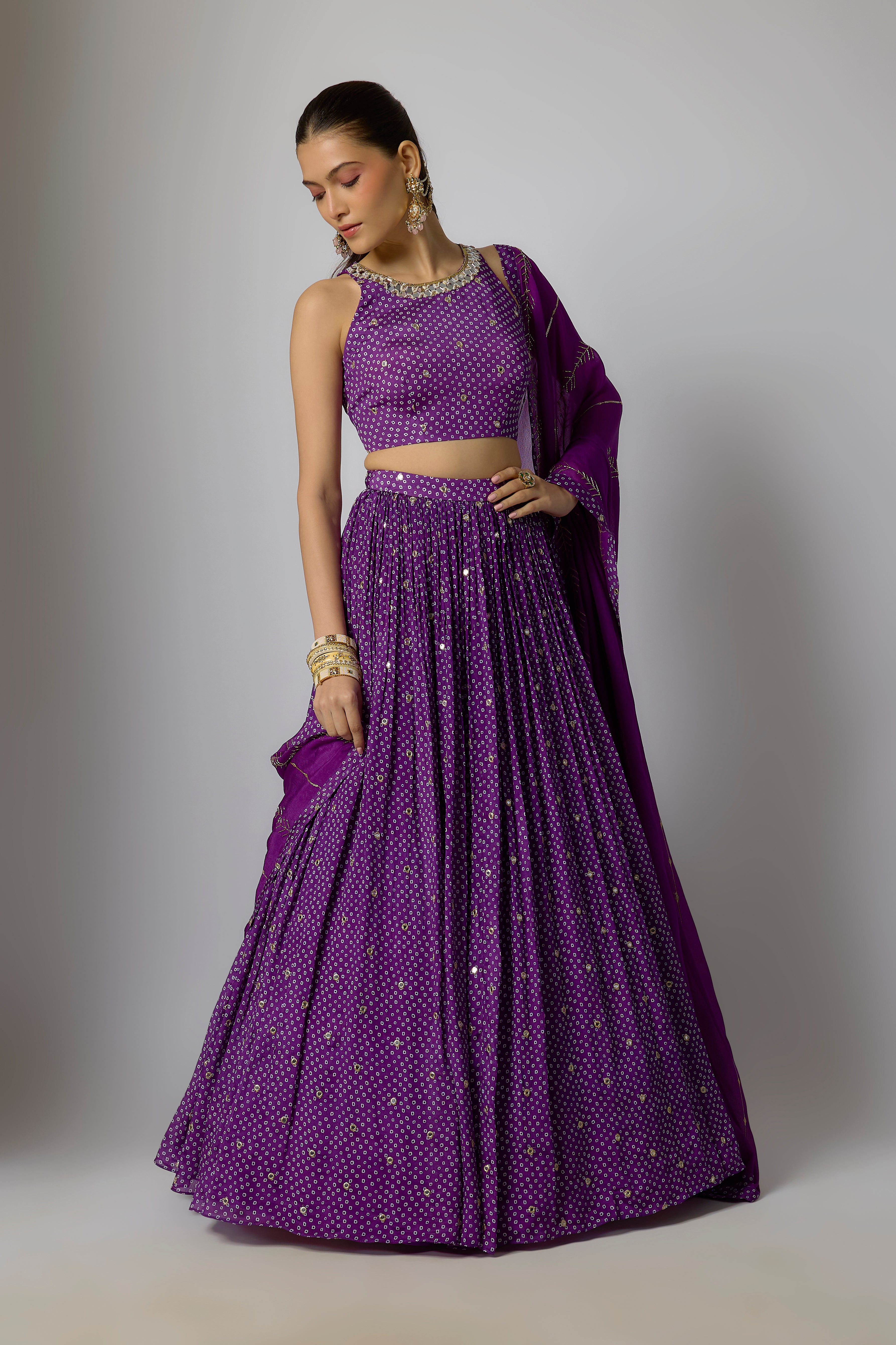 Purple Chinon Embroidered Lehenga Set