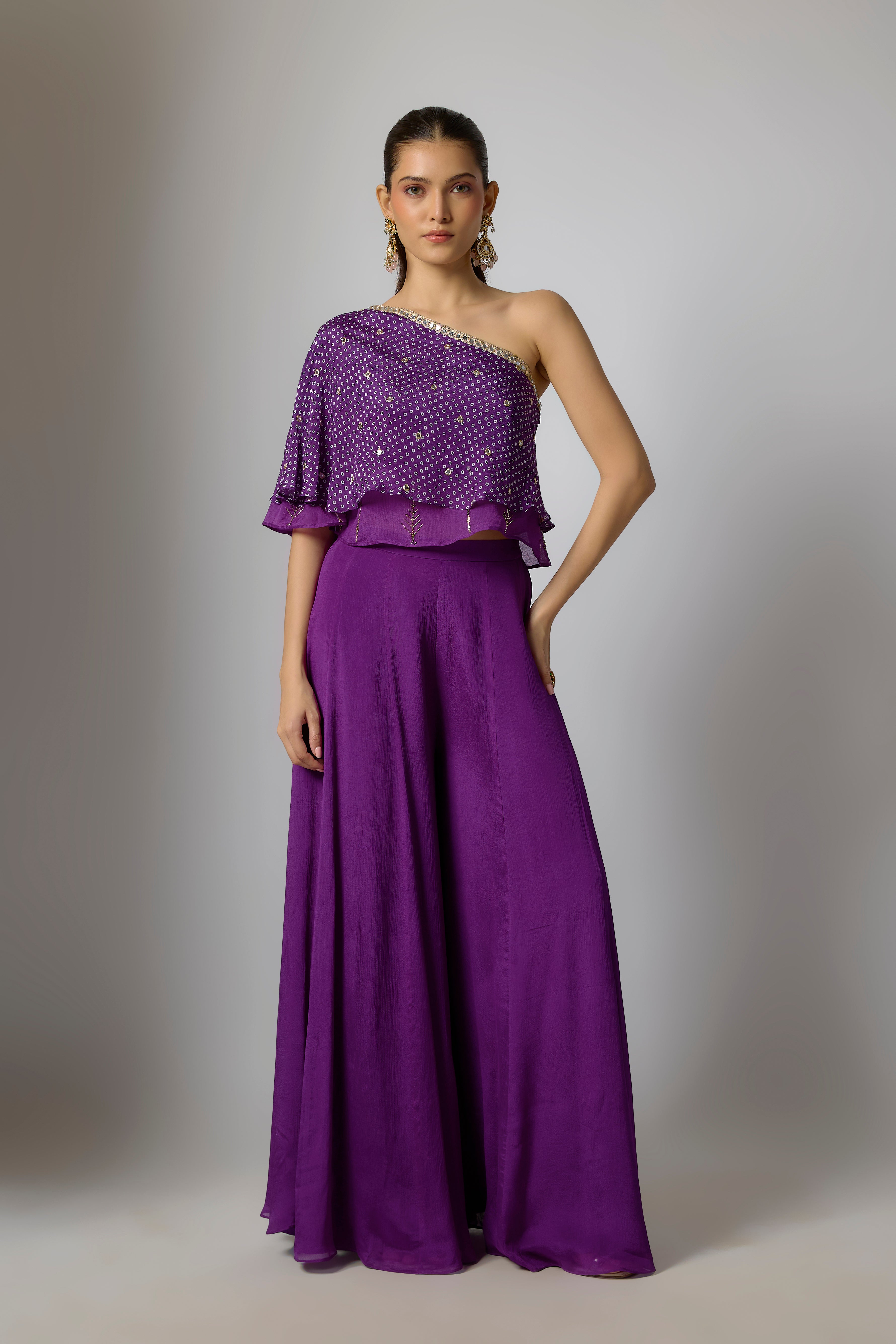 Purple Chinon Embroidered Palazzo Set