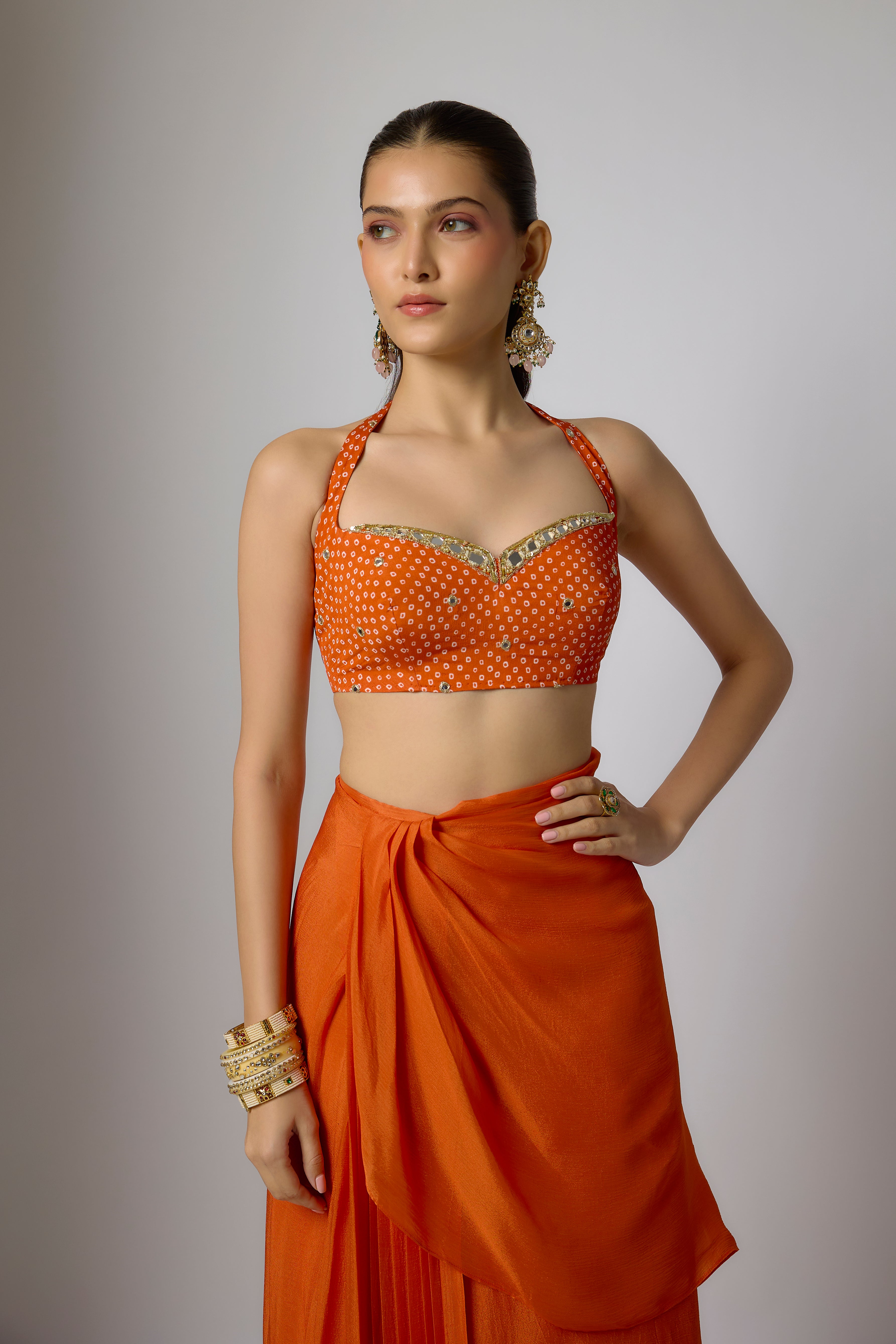 Orange Draped Chinon Saree Set