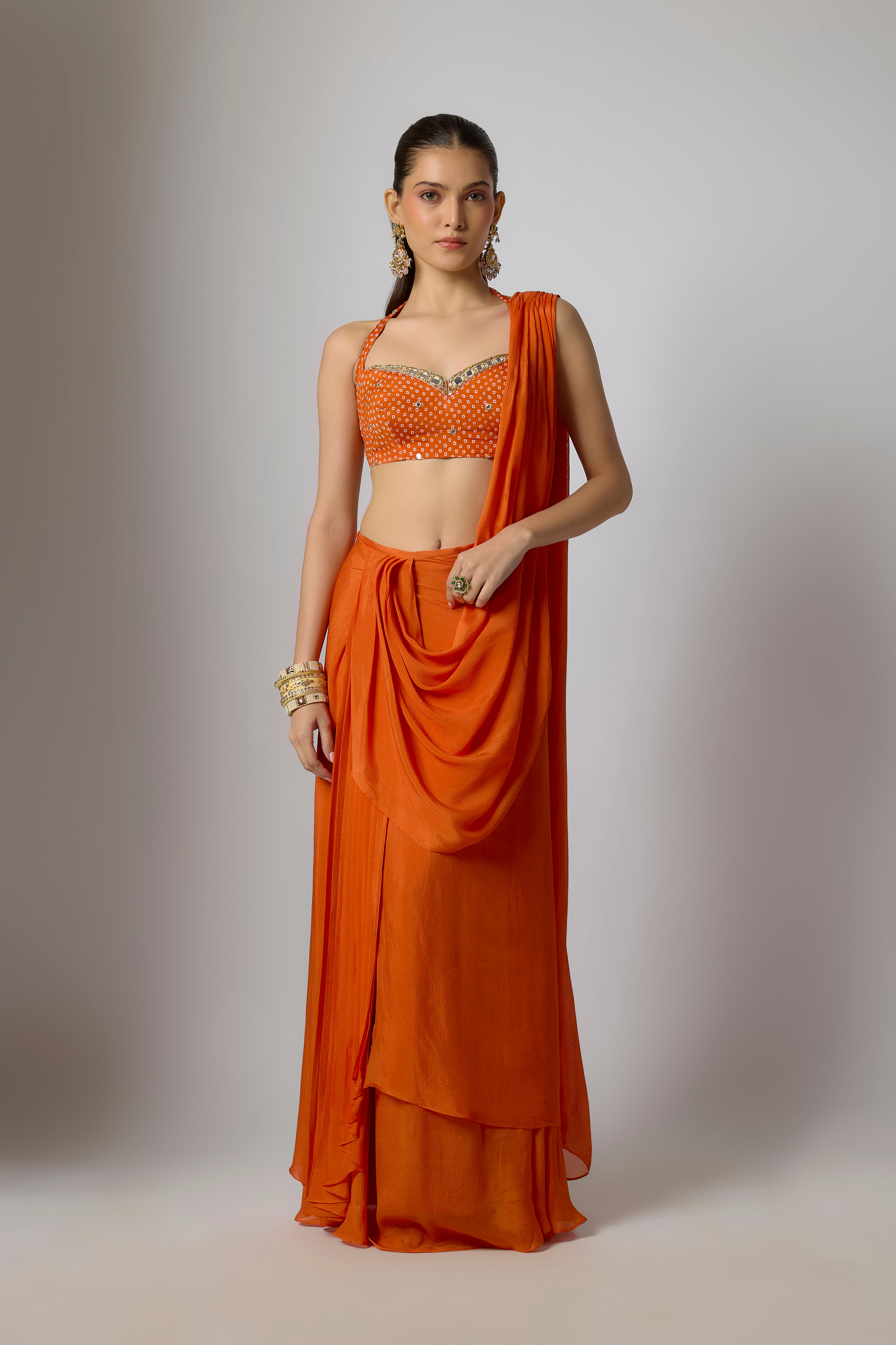 Orange Draped Chinon Saree Set