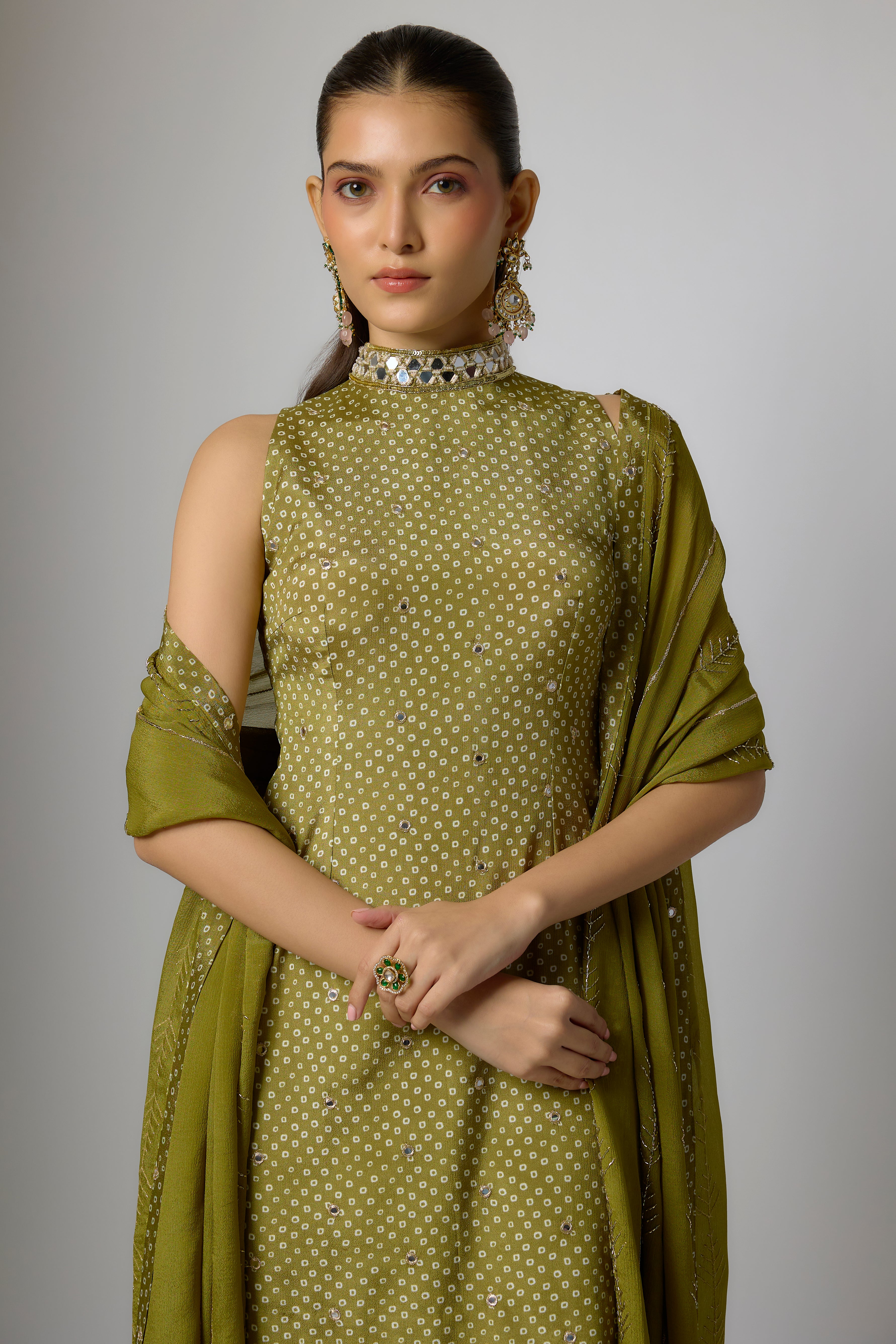 Mehendi Green Chinon Kurta Palazzo Set