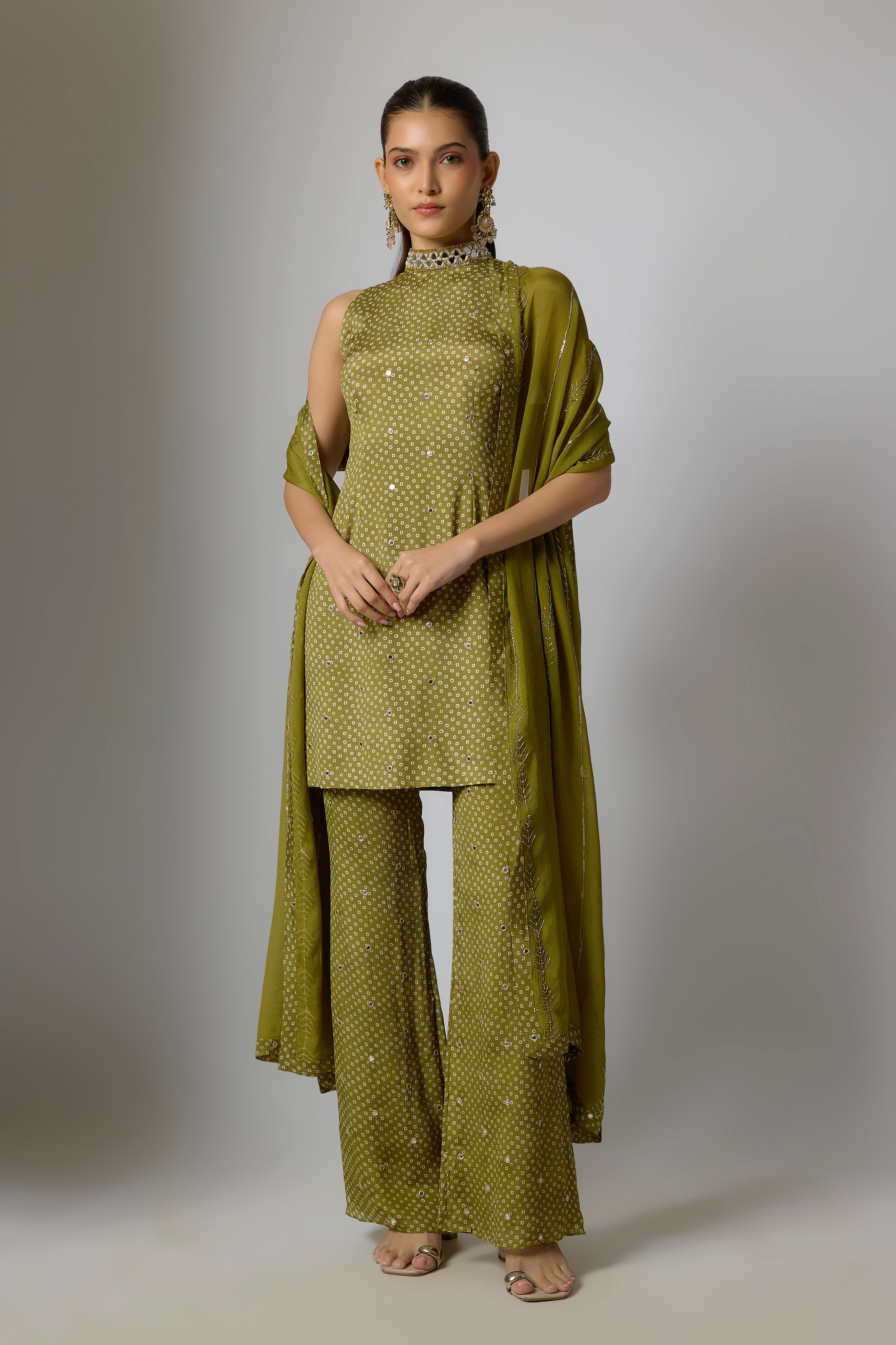 Mehendi Green Chinon Kurta Palazzo Set