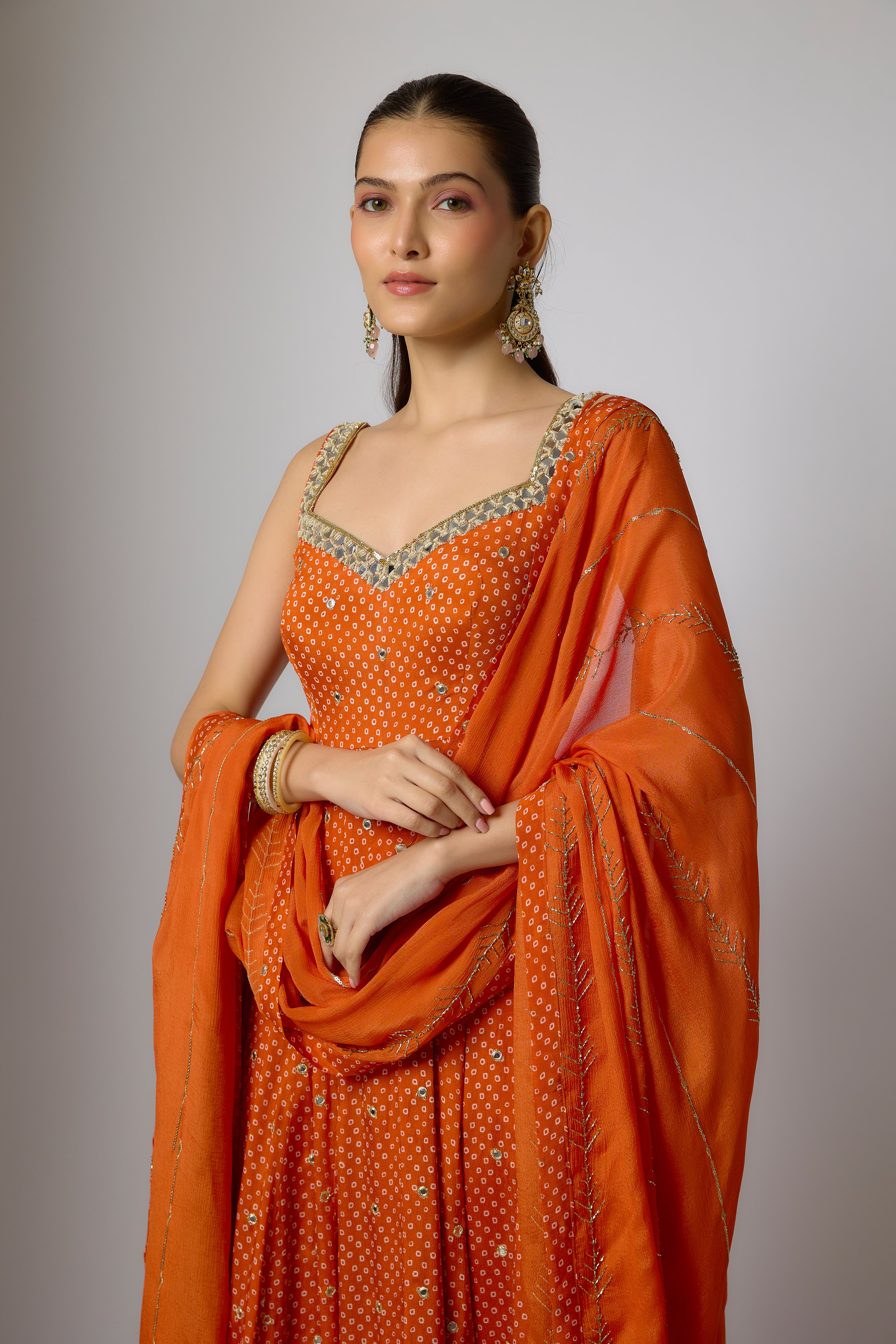 Orange Chinon Embroidered Anarkali Set