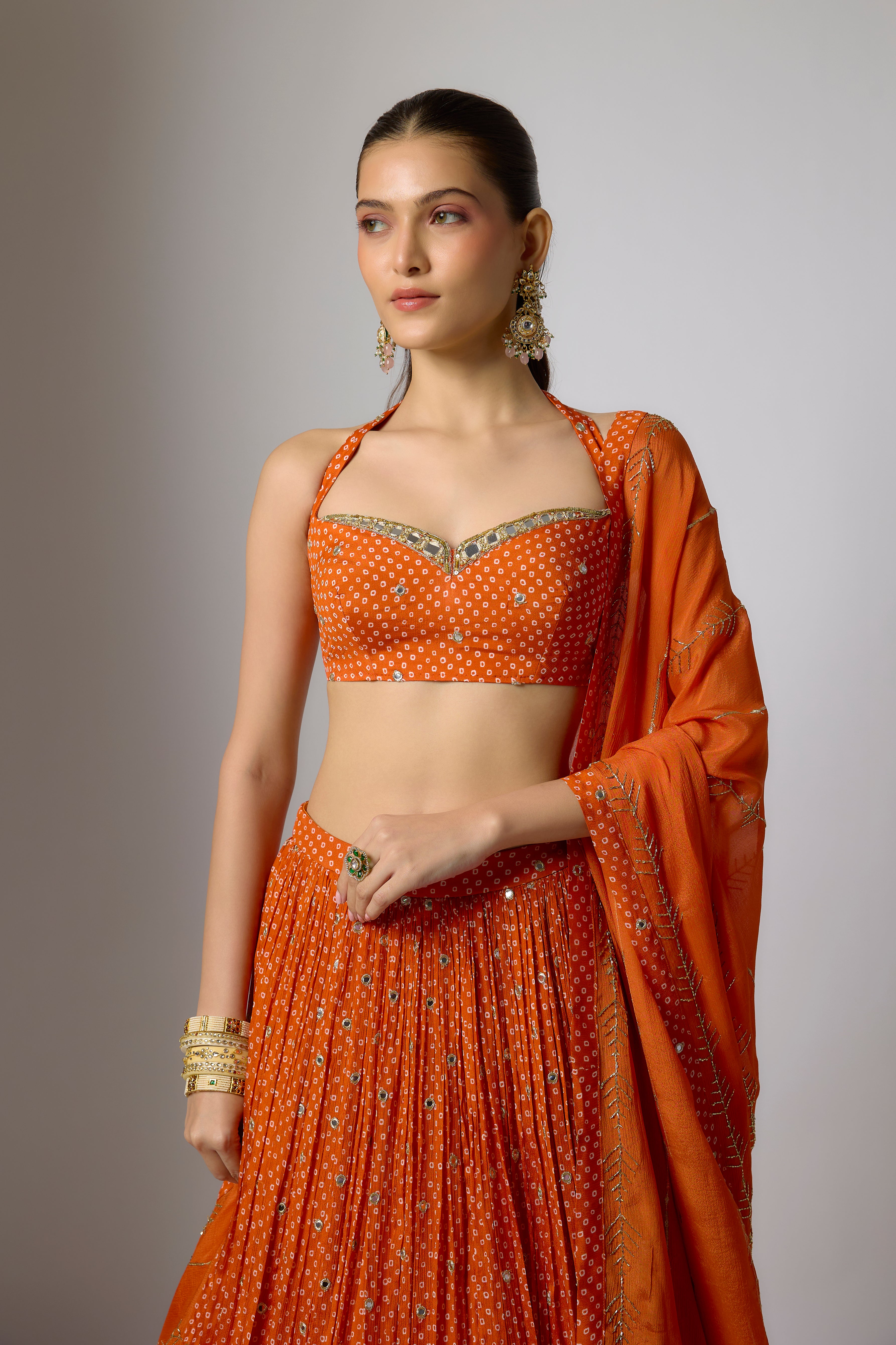 Orange Chinon Embroidered Lehenga Set