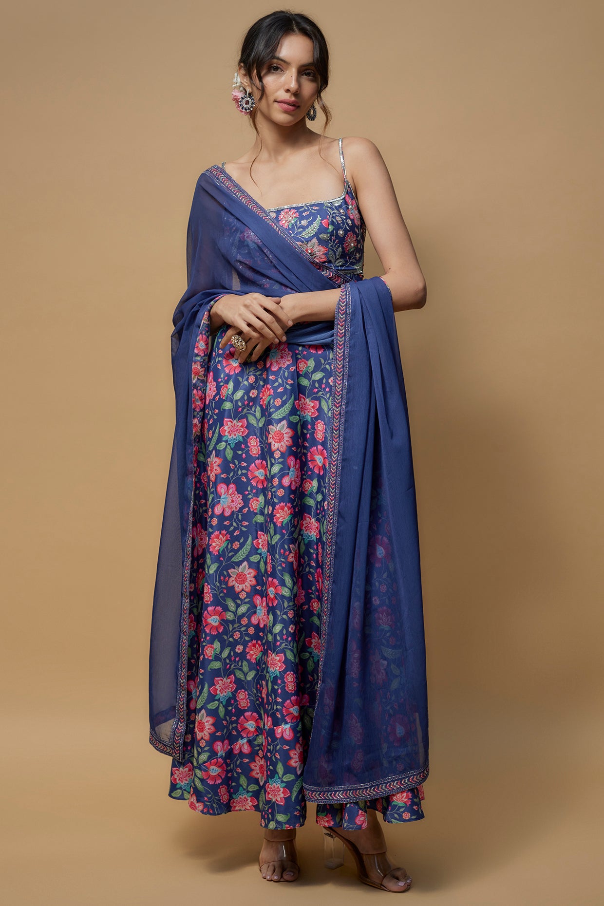 Blue French Crepe Printed & Embroidered Anarkali Set