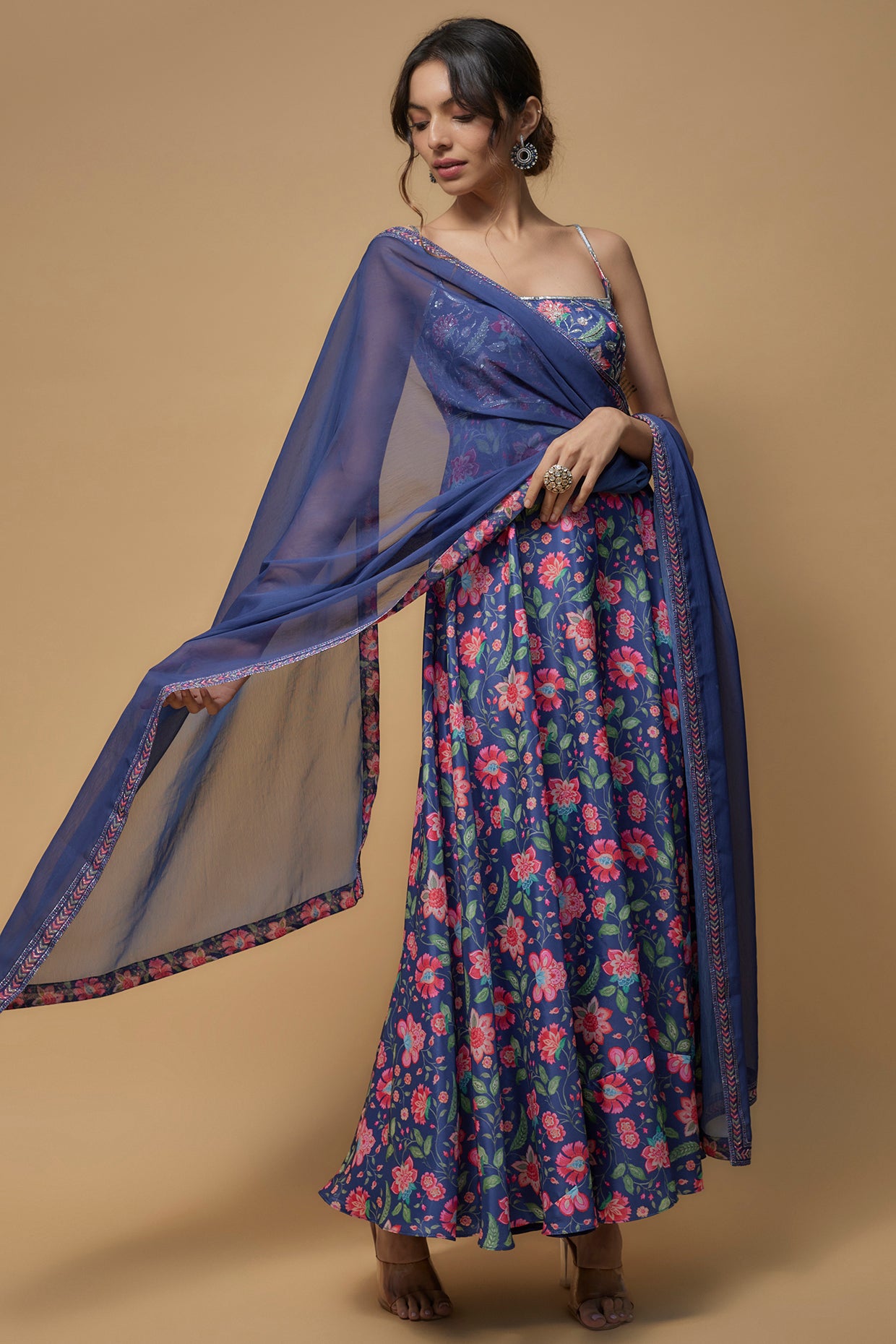 Blue French Crepe Printed & Embroidered Anarkali Set