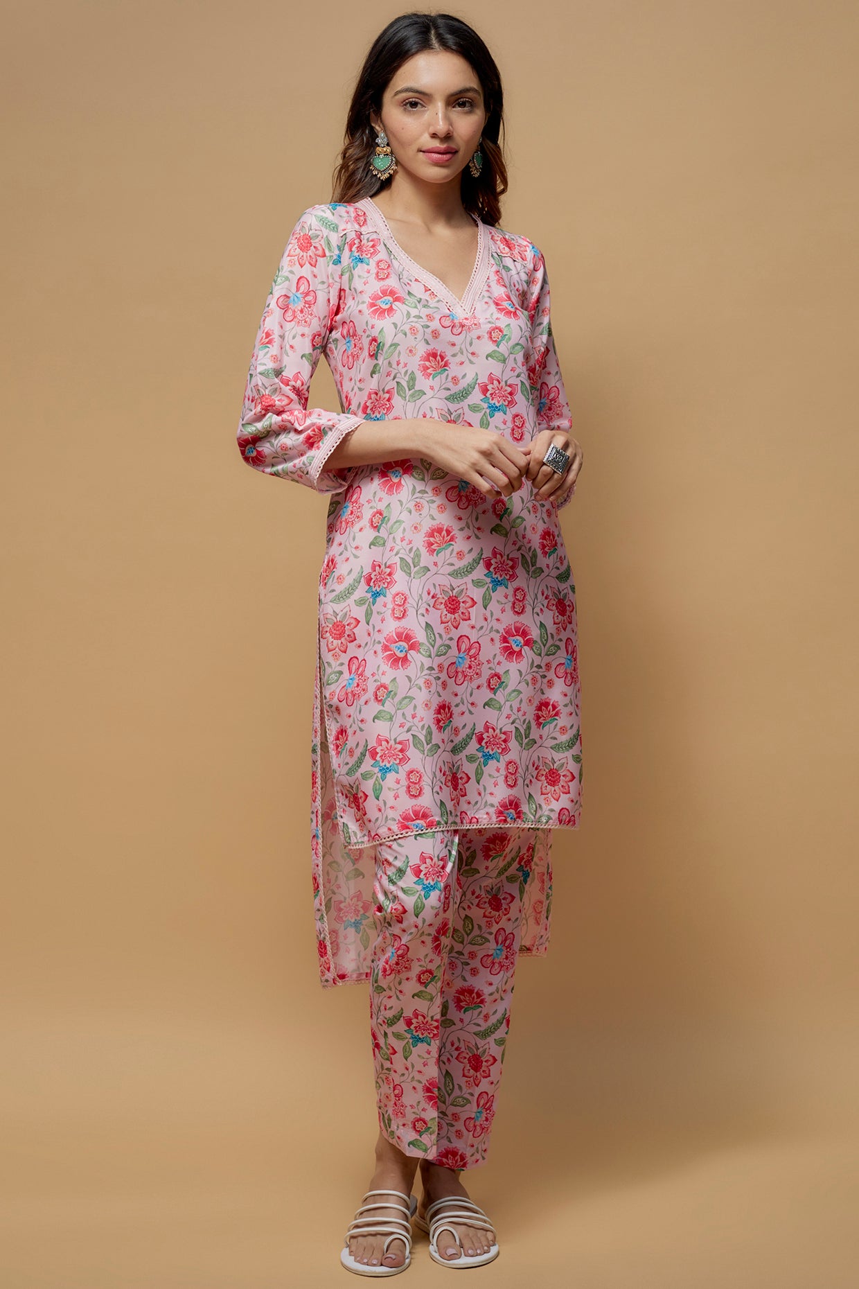 Baby Pink French Crepe Printed Kurta Set