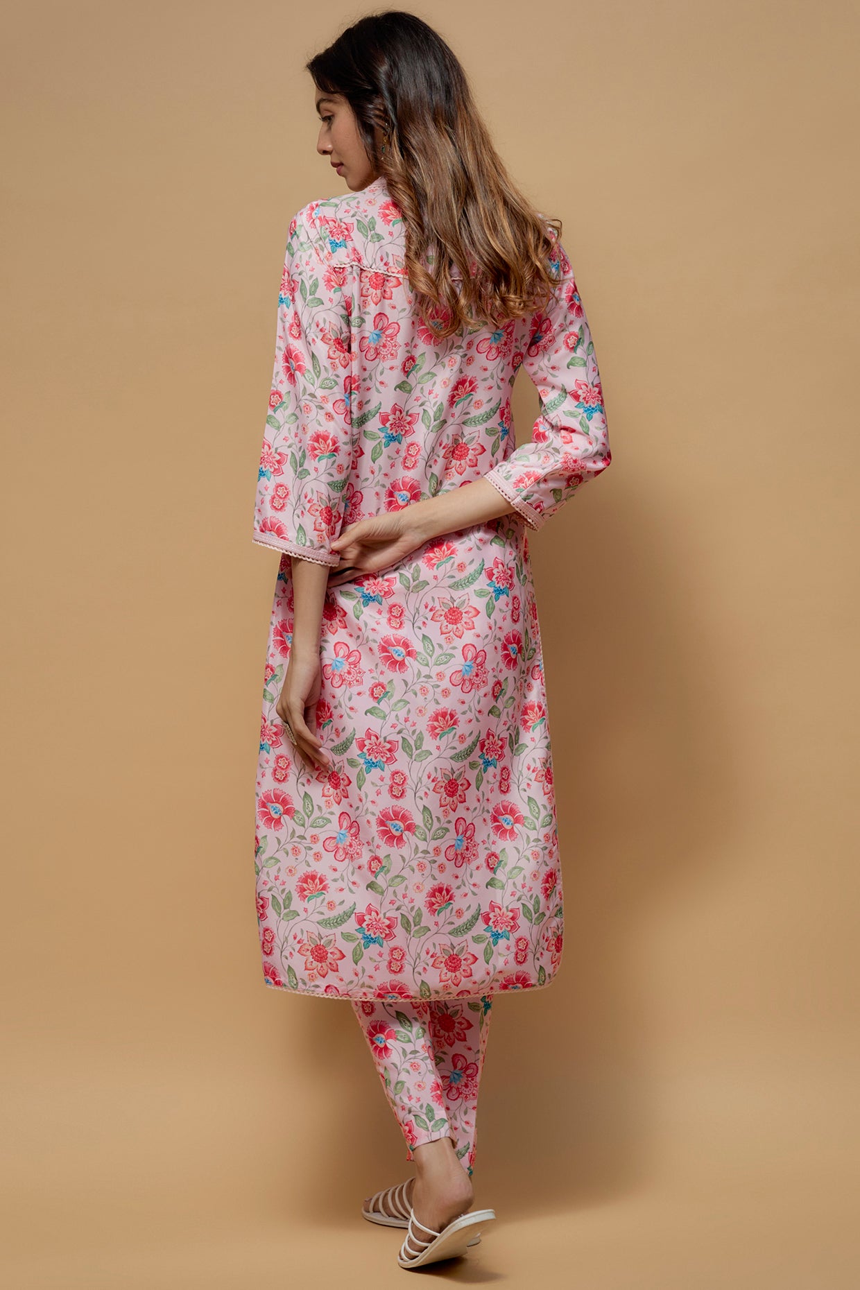 Baby Pink French Crepe Printed Kurta Set