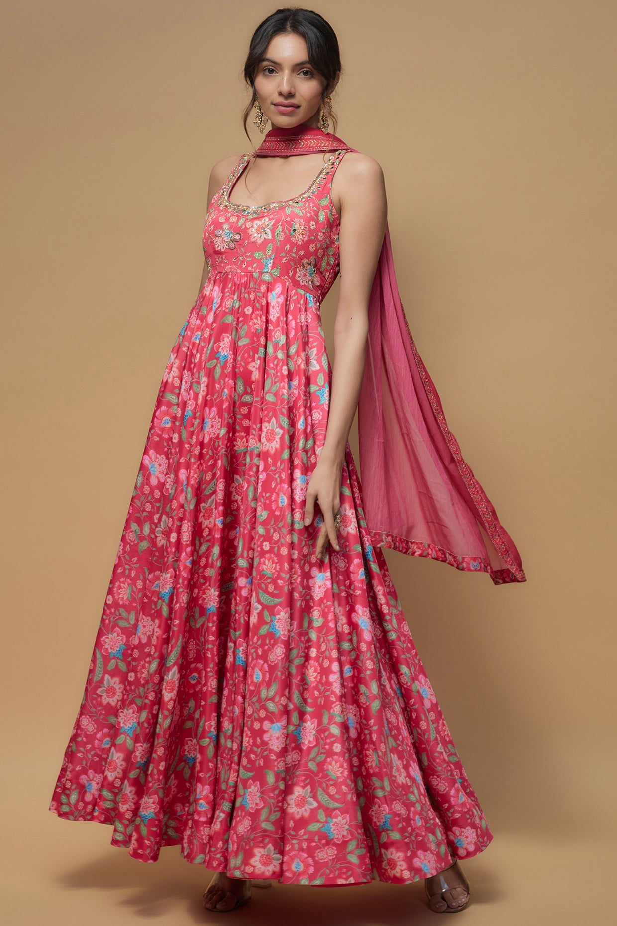 Pink French Crepe Printed Anarkali Set