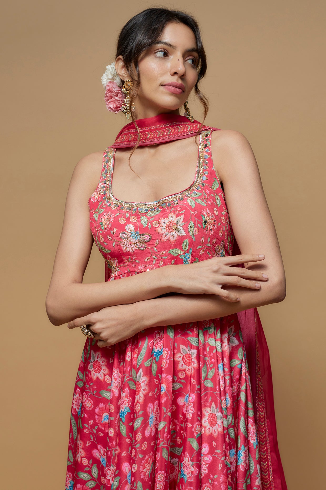 Pink French Crepe Printed Anarkali Set