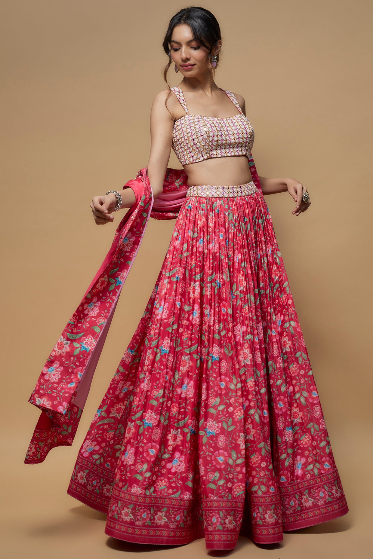 Bright Pink French Crepe Printed Lehenga Set