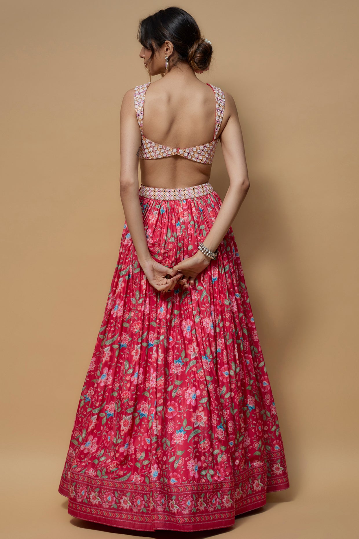 Bright Pink French Crepe Printed Lehenga Set