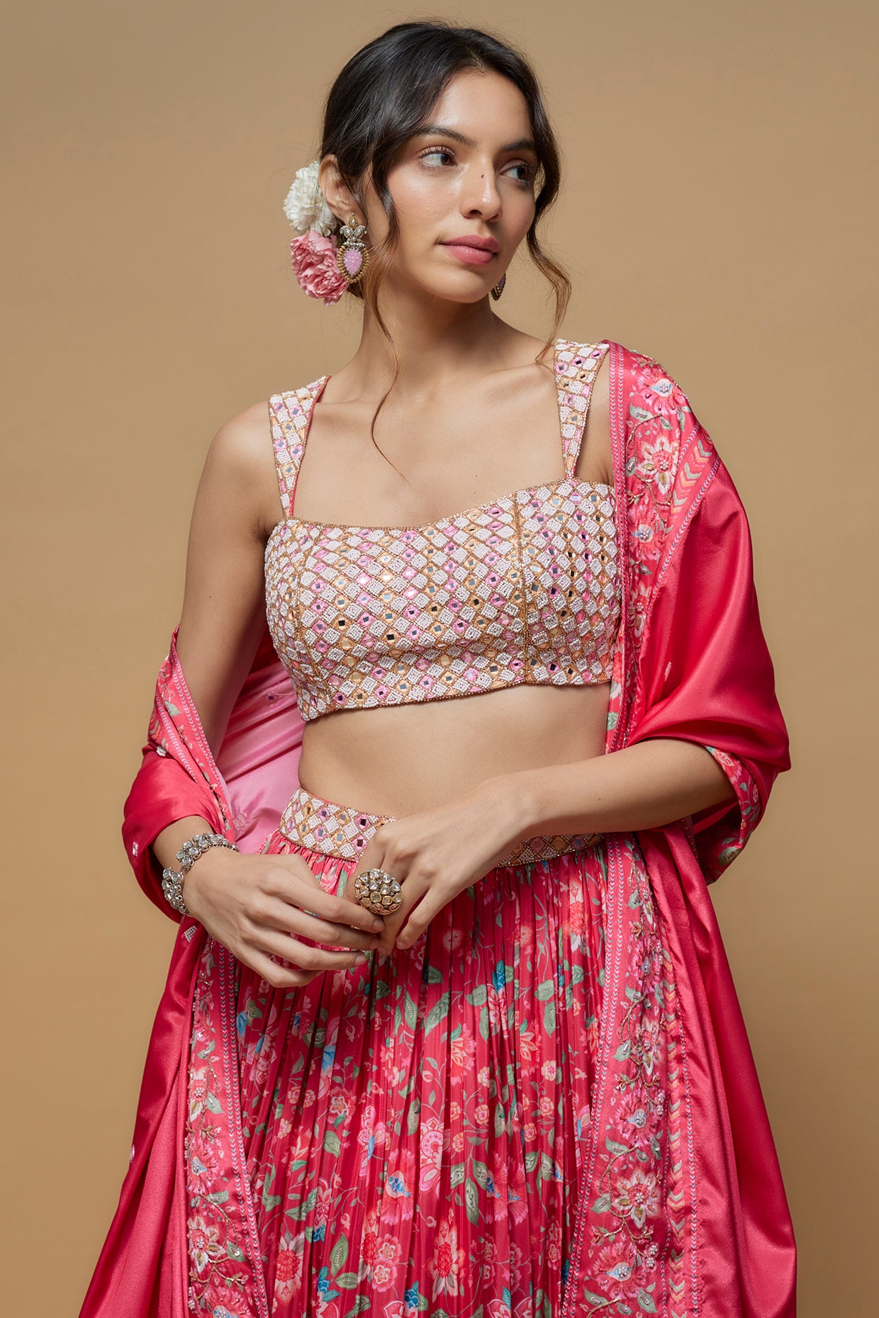 Bright Pink French Crepe Printed Lehenga Set