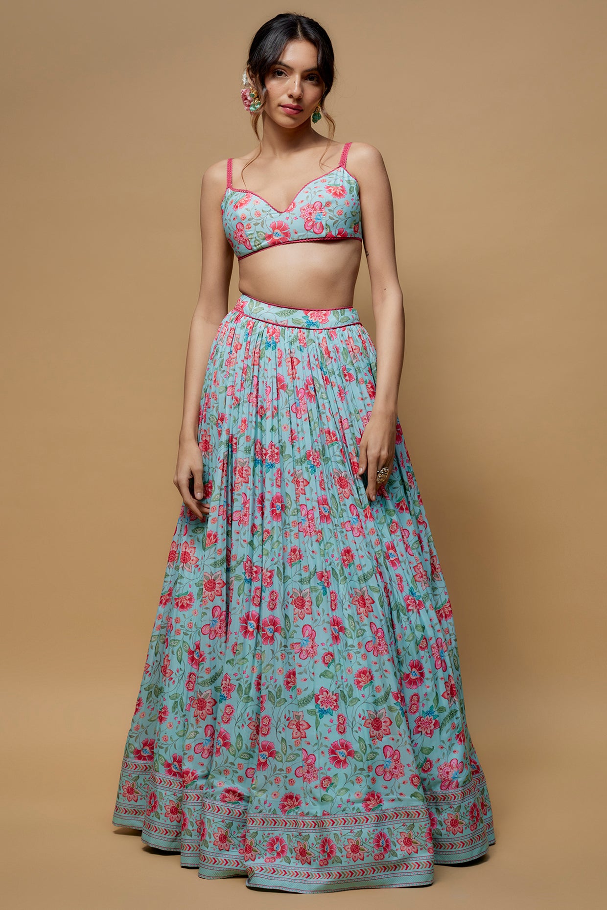 Sky Blue French Crepe Printed Lehenga Set