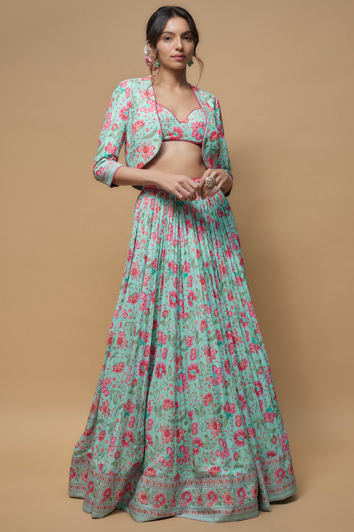 Sky Blue French Crepe Printed Jacket Lehenga Set