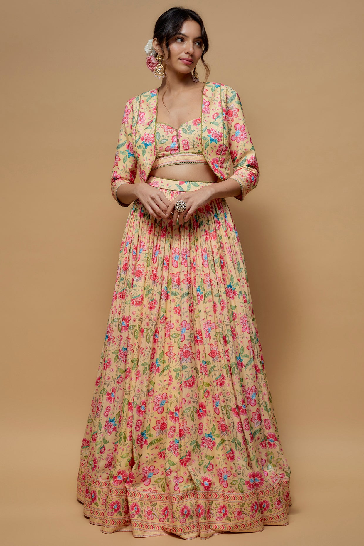 Light Yellow French Crepe Printed Jacket Lehenga Set