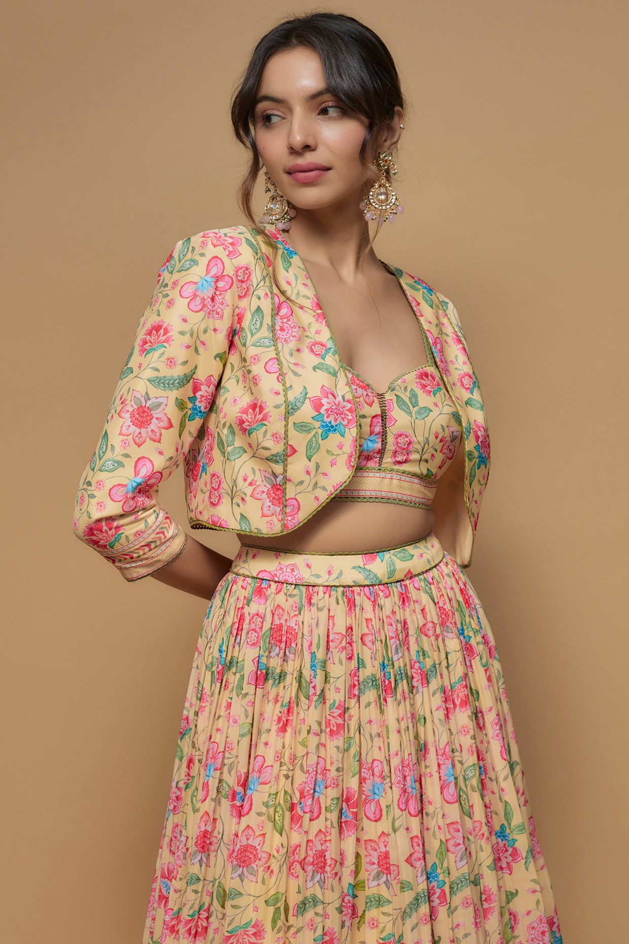 Light Yellow French Crepe Printed Jacket Lehenga Set