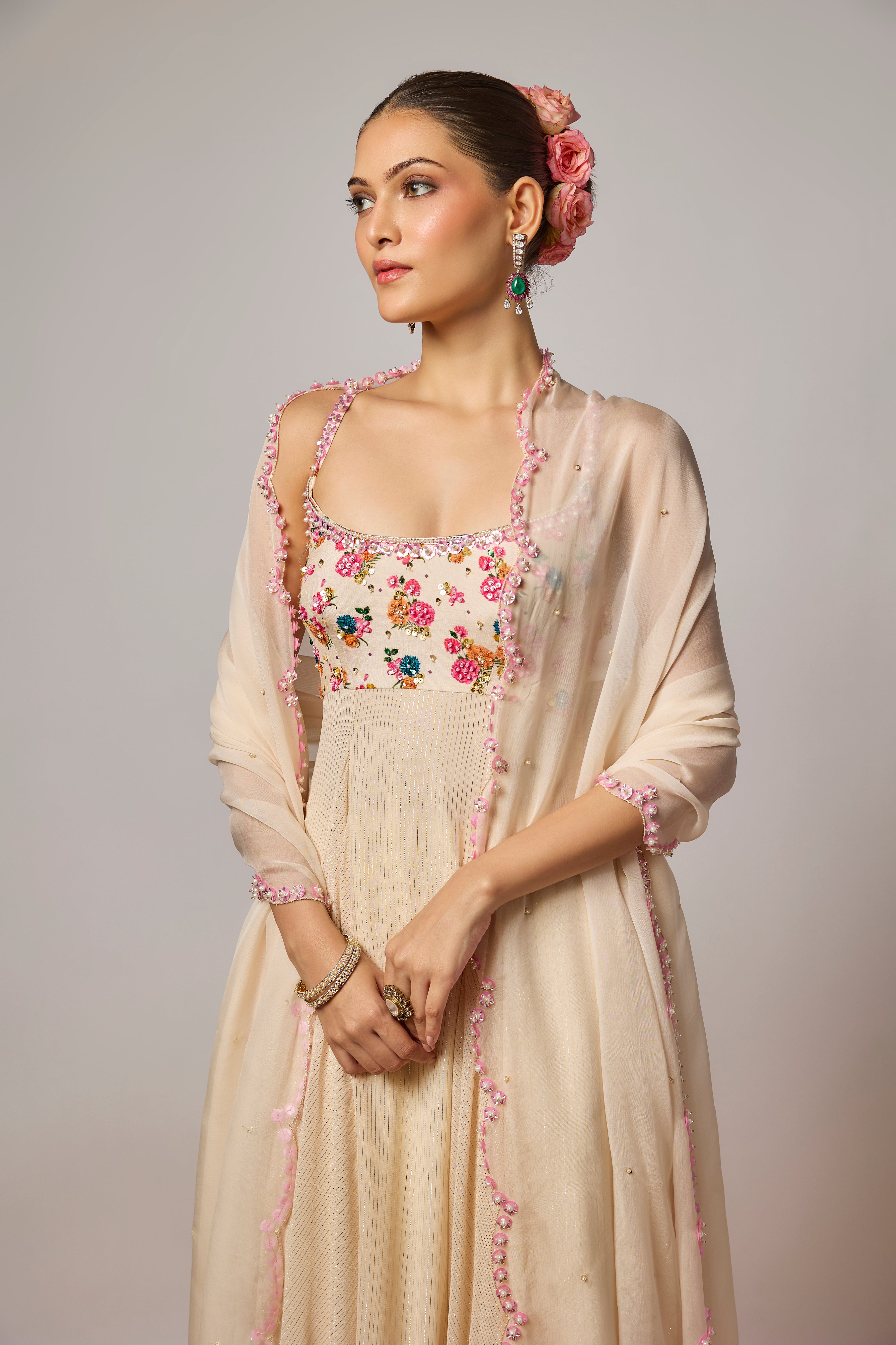 Ivory Georgette Embroidered Anarkali Set