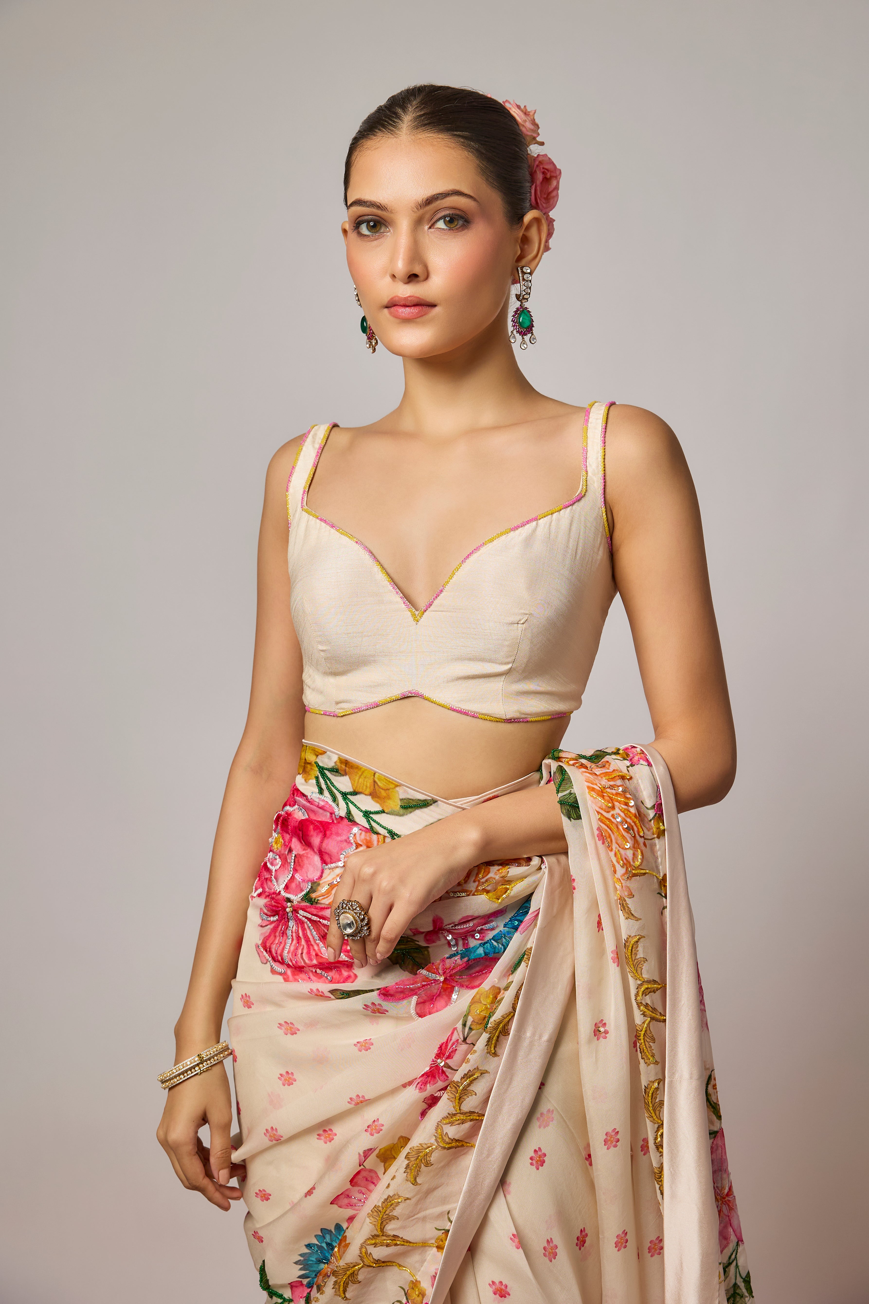 Ivory Organza Embroidered Floral Pre-Draped Saree Set