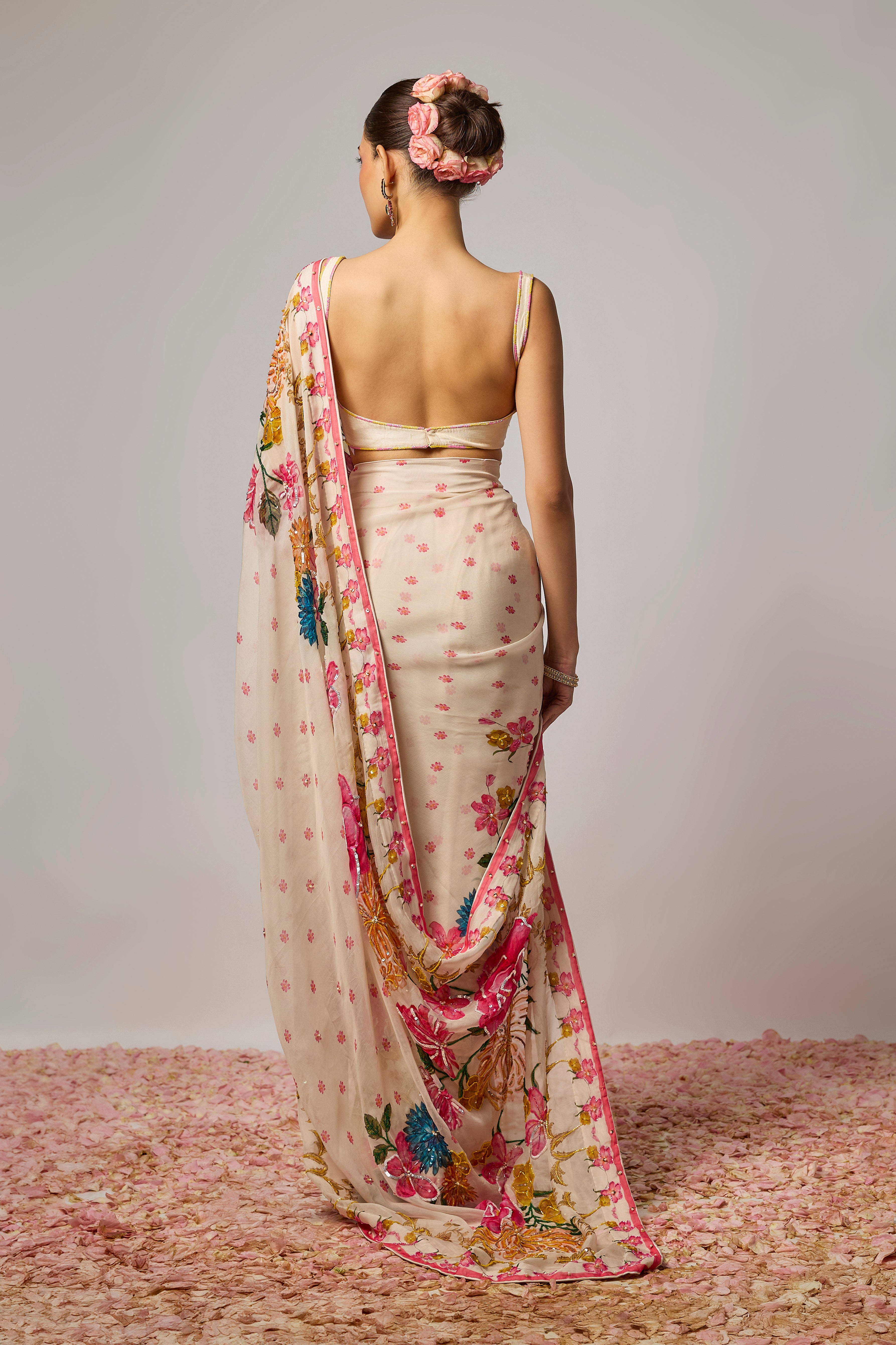 Ivory Organza Embroidered Floral Pre-Draped Saree Set