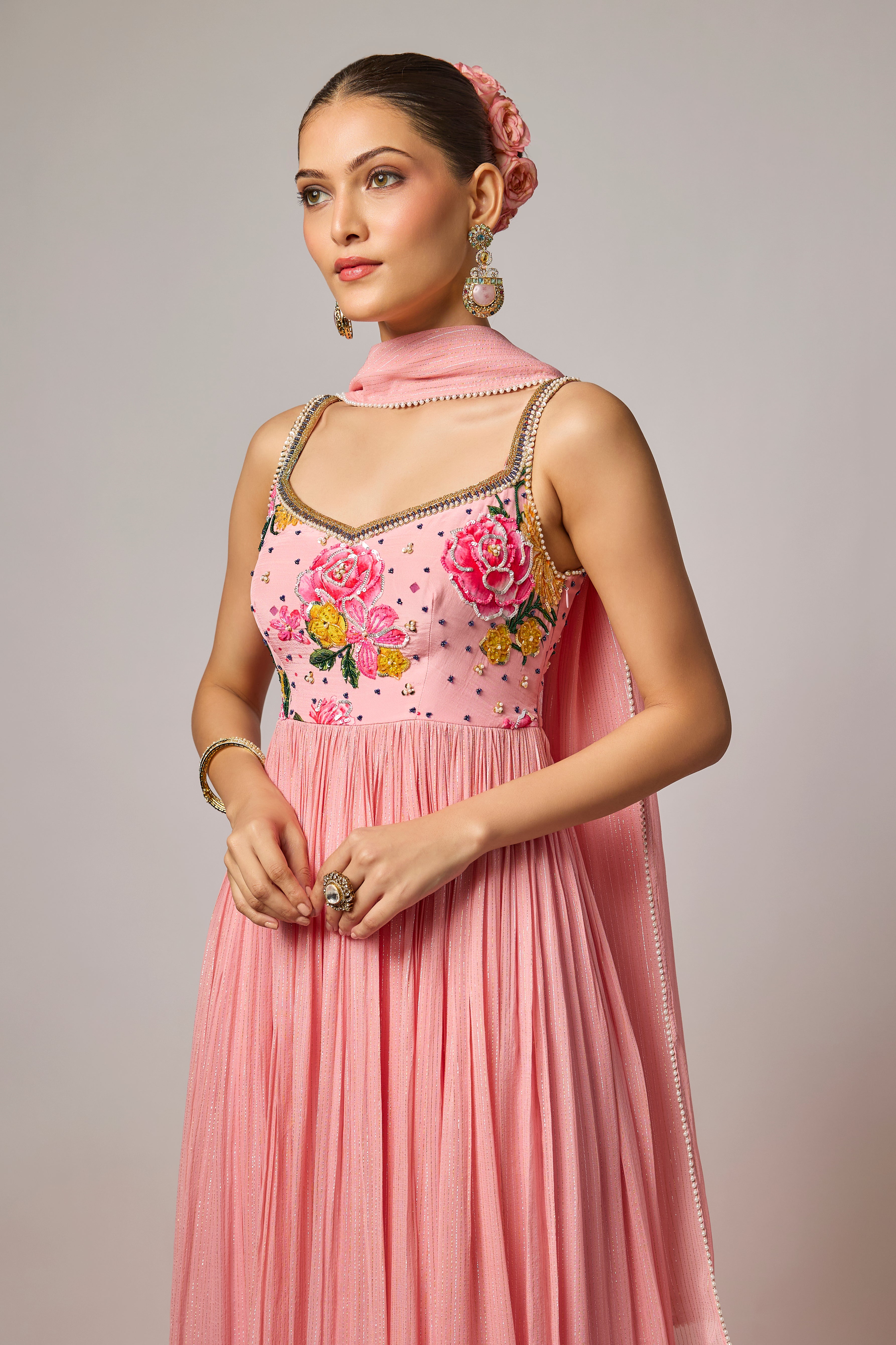 Blush Pink Lurex Georgette Hand-Embroidered Anarkali Set
