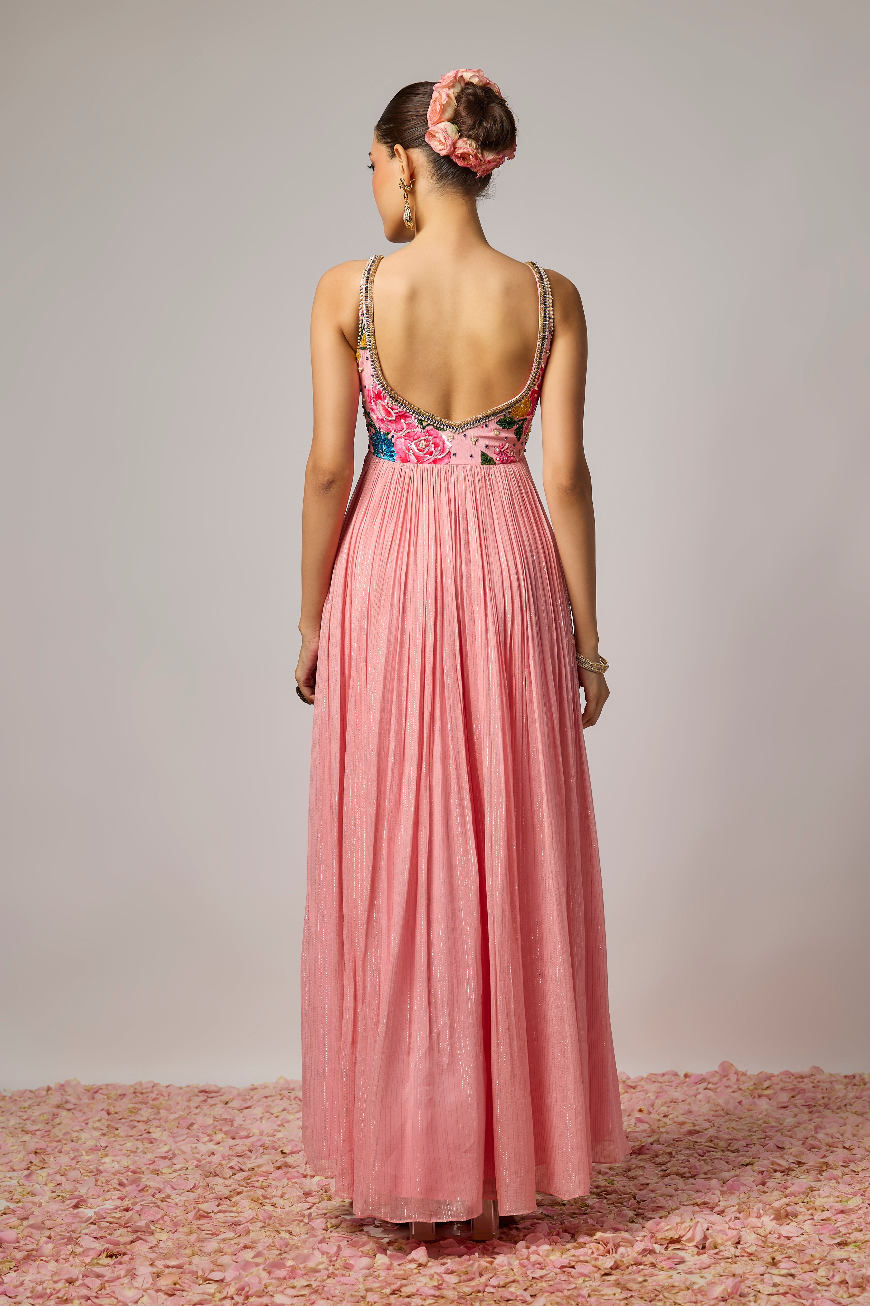 Blush Pink Lurex Georgette Hand-Embroidered Anarkali Set