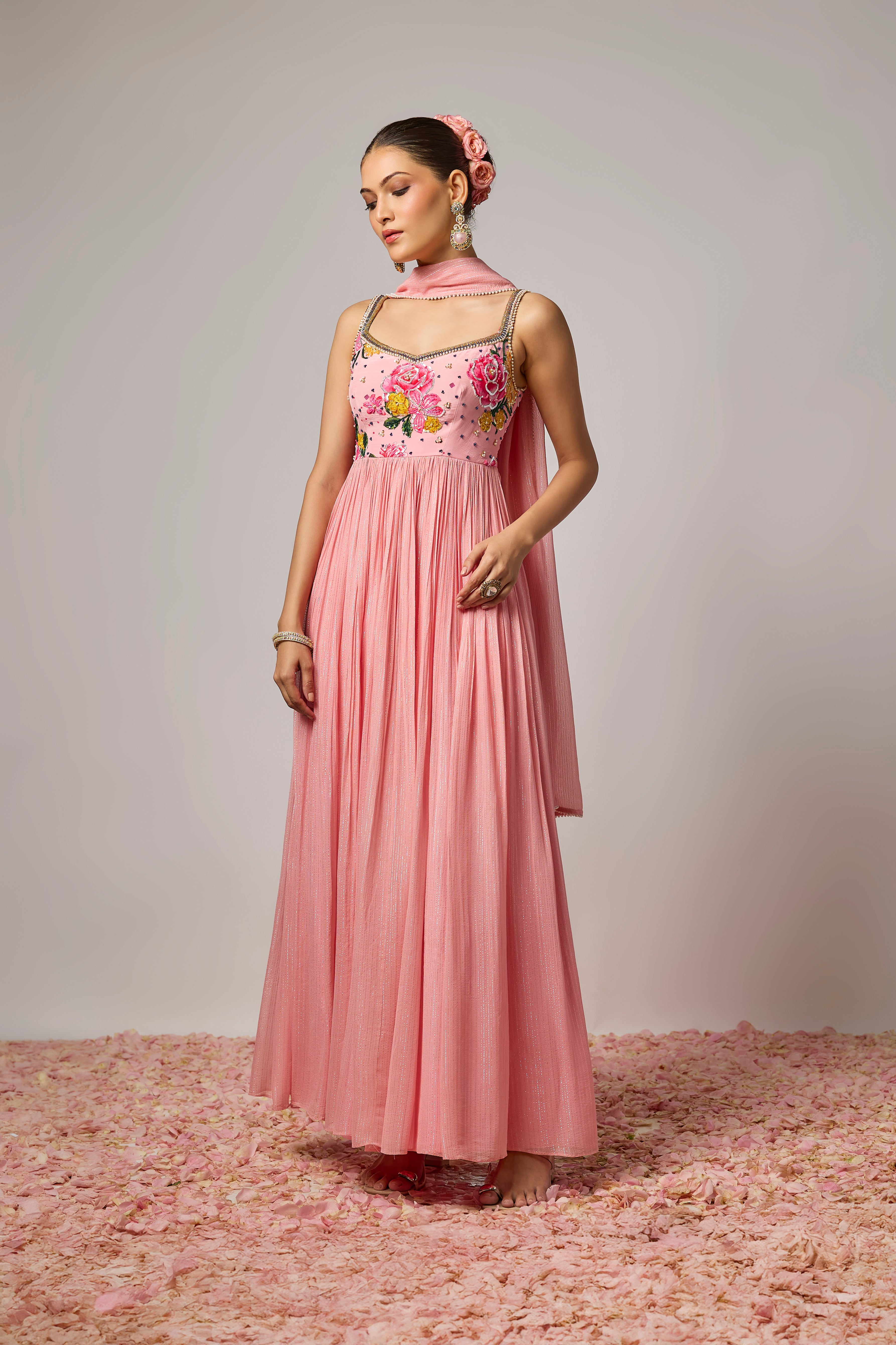 Blush Pink Lurex Georgette Hand-Embroidered Anarkali Set