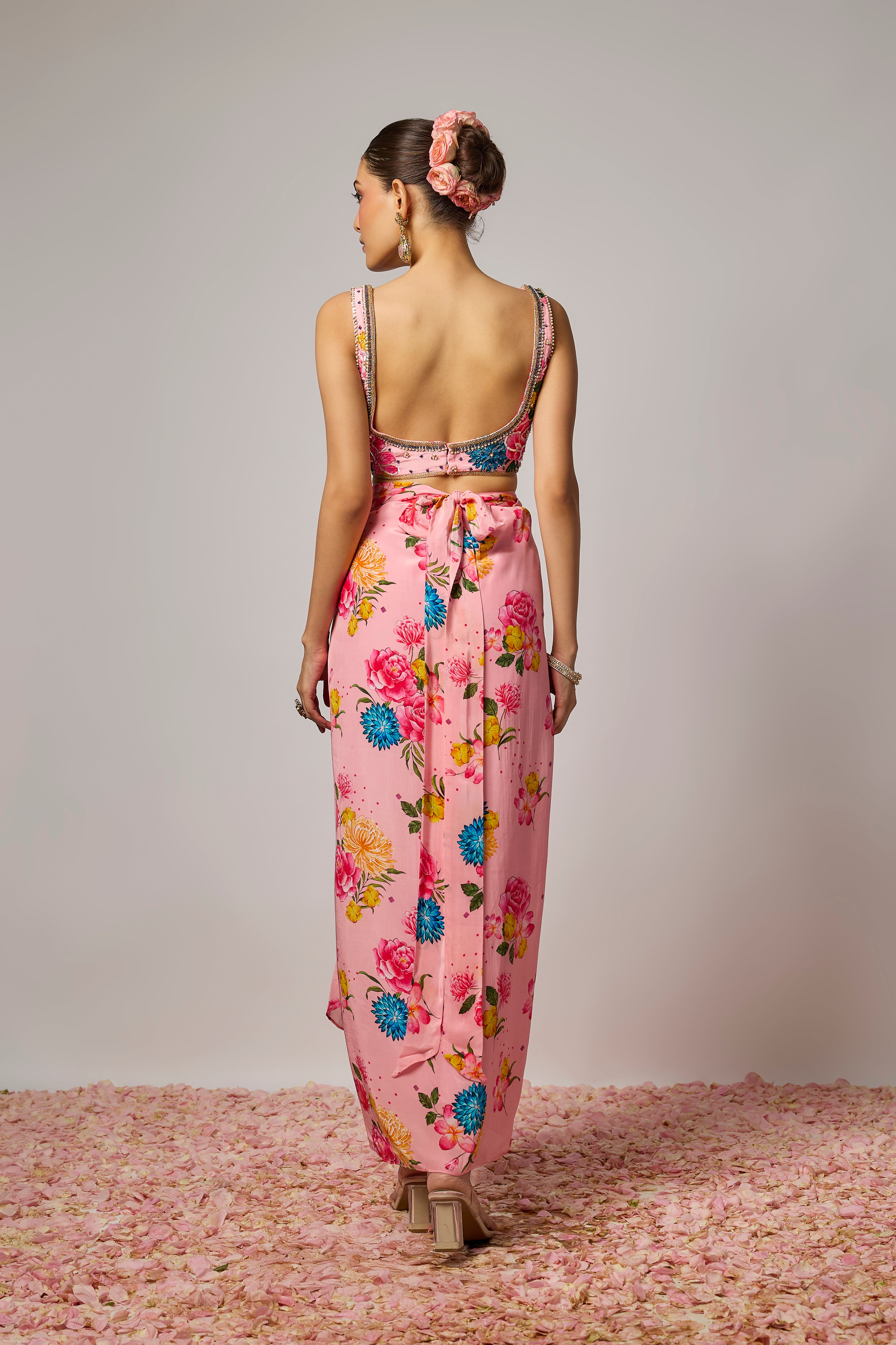 Blush Pink Pure Crepe Floral Printed Dhoti Set