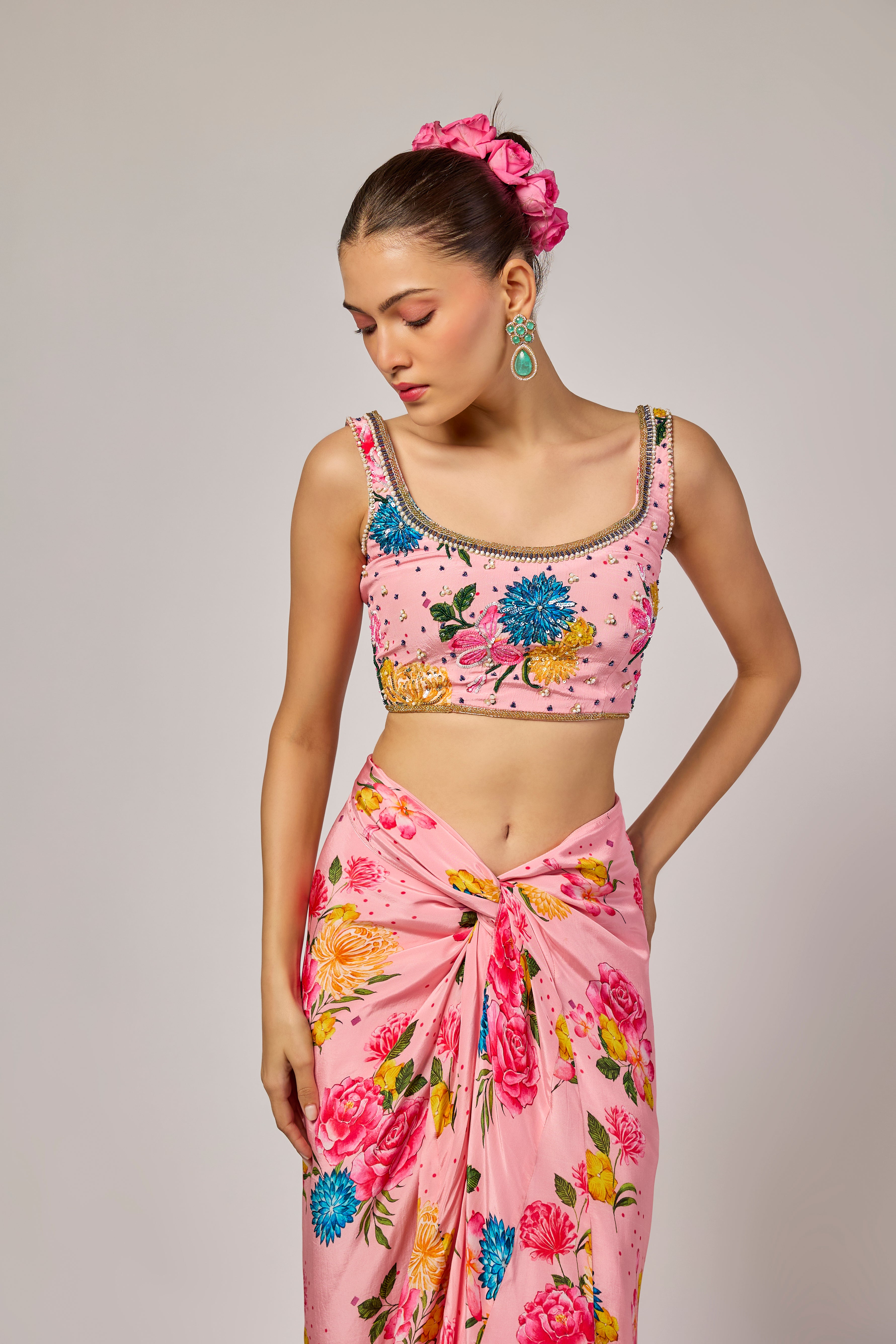 Powder Pink Floral Printed Draped Skirt Set With Embroidered Blouse