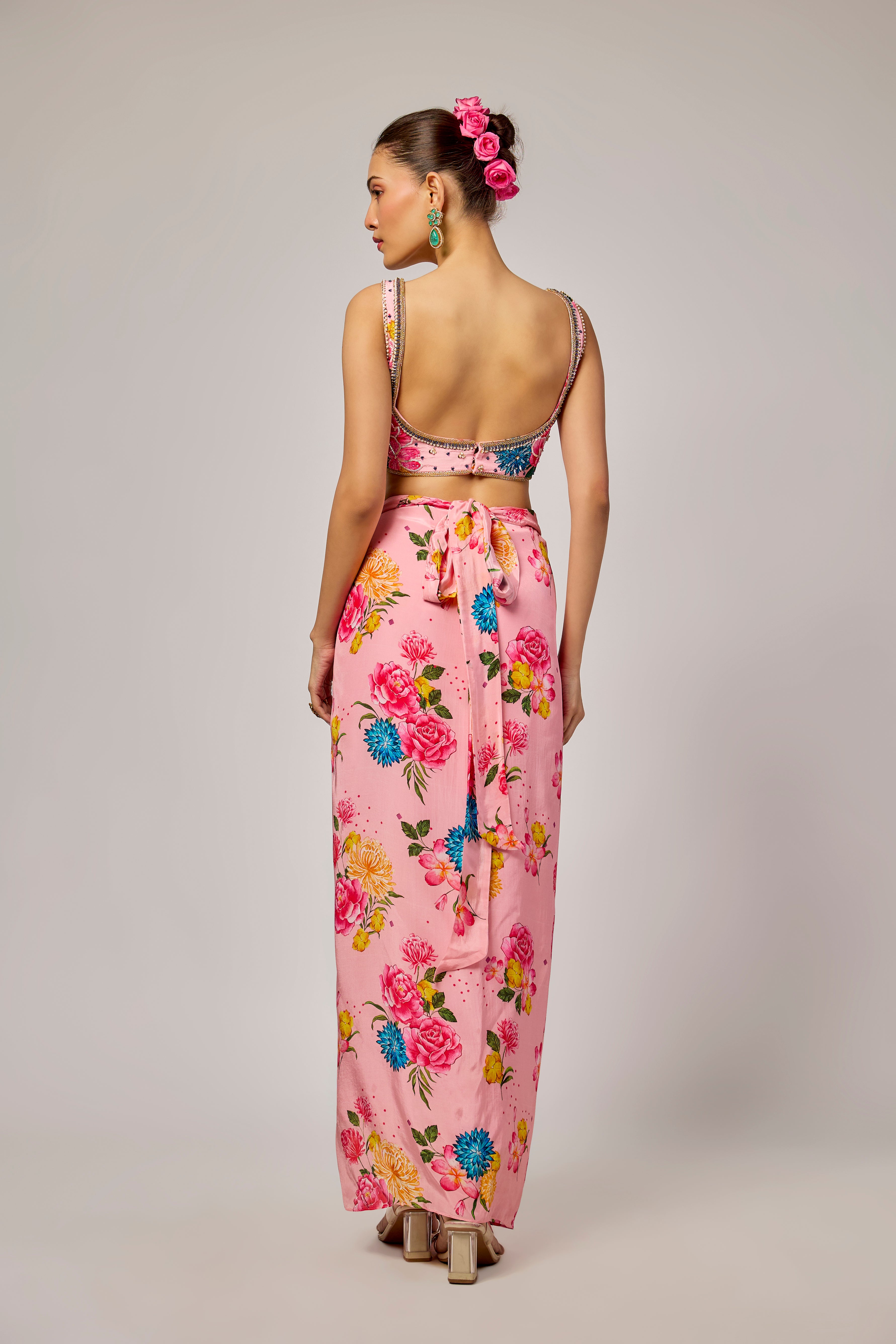 Powder Pink Floral Printed Draped Skirt Set With Embroidered Blouse